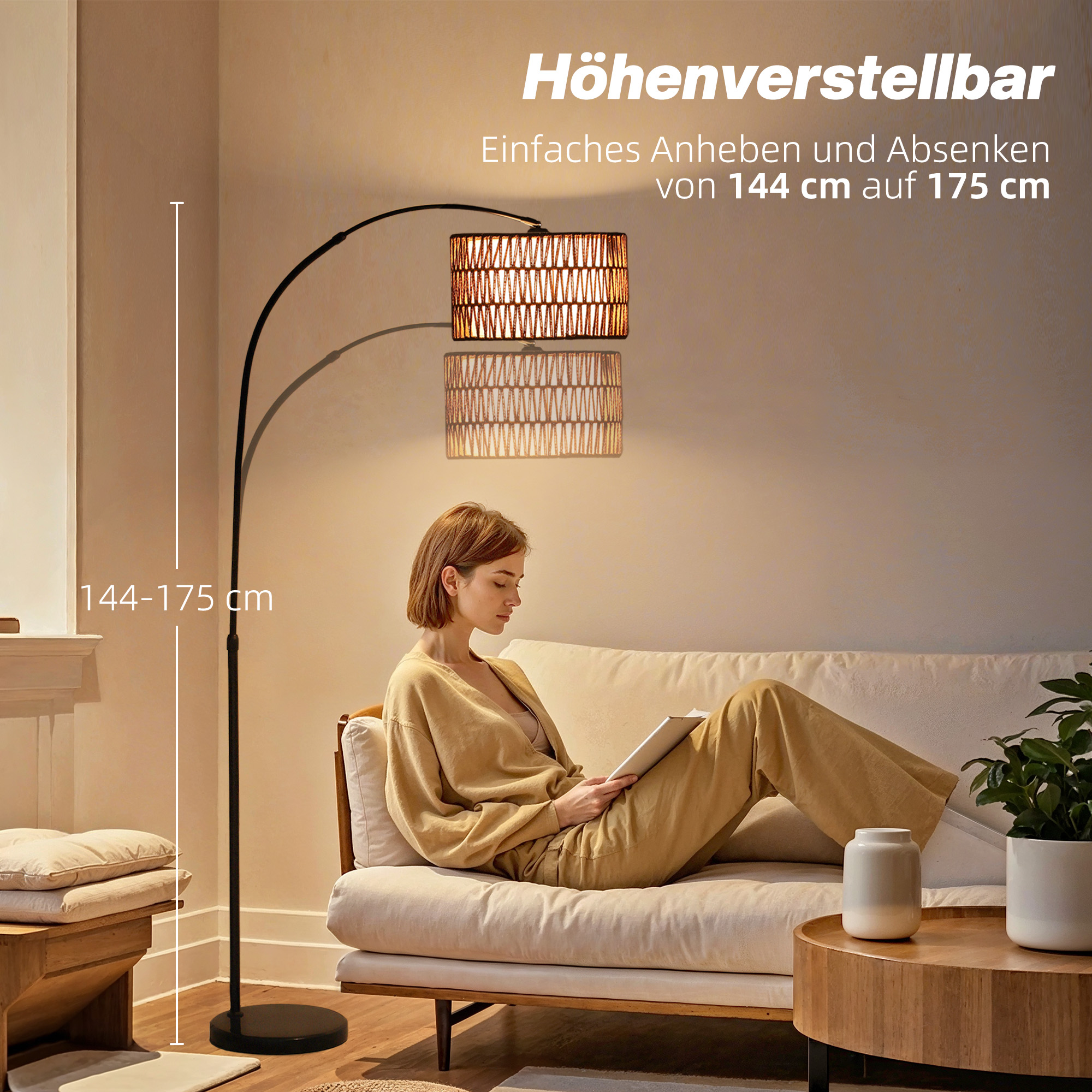 Stehlampe mit Hanfseil-Schirm, höhenverstellbar, Fußschalter, Metall, Schwarz