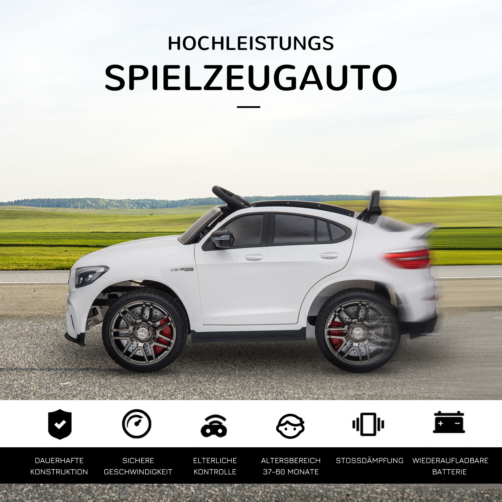 Kinderfahrzeug 12V Mercedes-Benz AMG GLC63S COUPE lizenzierter Elektroauto mit Fernbedienung Sicherheitsgurt  2 x 35W Motoren MP337-60 Monate Weiß 115 x 70 x 55 cm