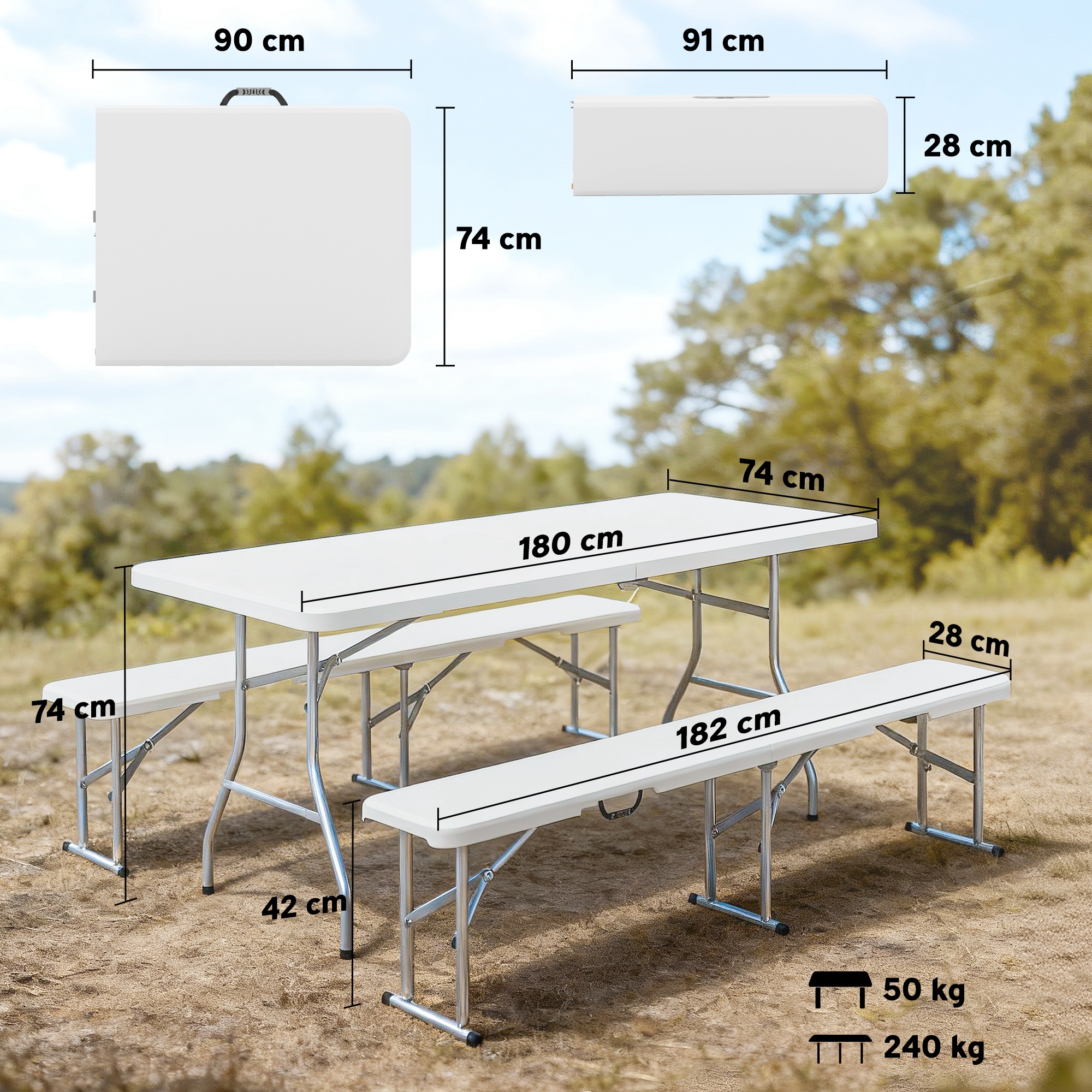 3-teiliges Picknicktisch-Set, 1 Tisch, 2 Bänke, Faltbarer Campingtisch mit Tragegriffen, Kunststoff, Metall, Weiß