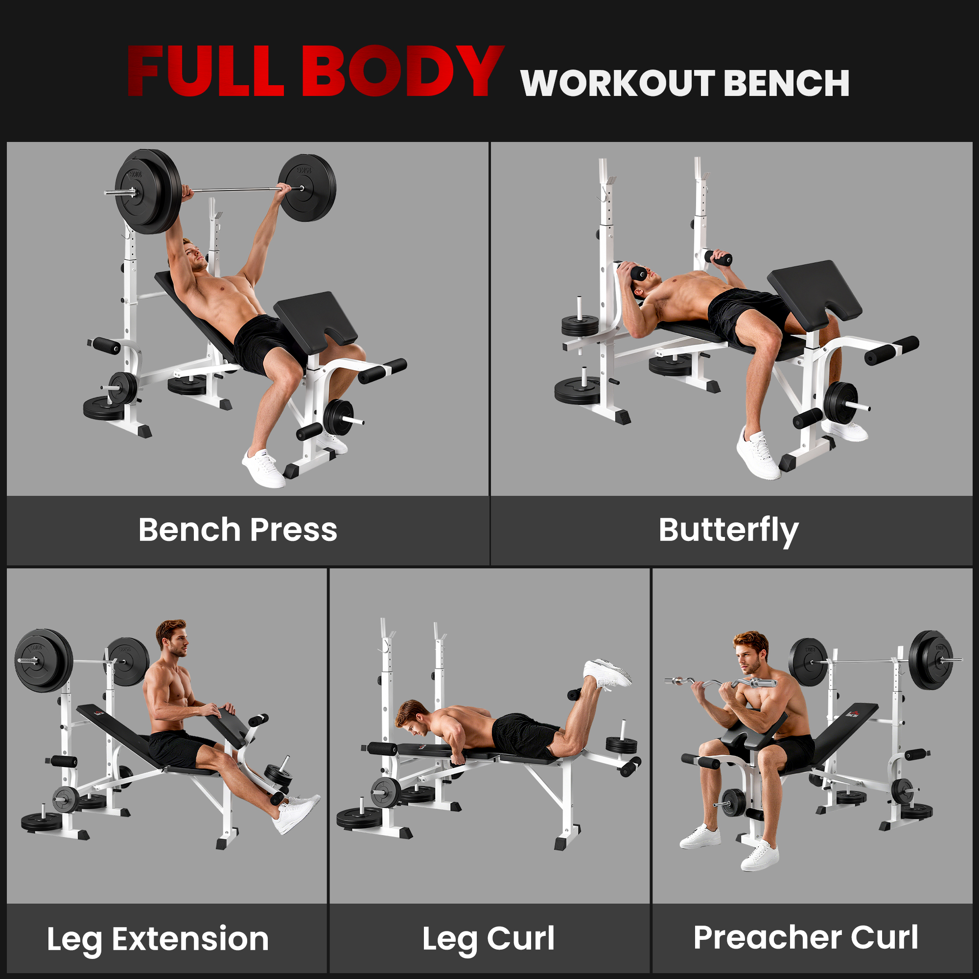 Hantelbank mit Hantelablage, Brustpresse, Beinpresse, Armauflage für Bizepscurls, Stahl, schwarz+weiß