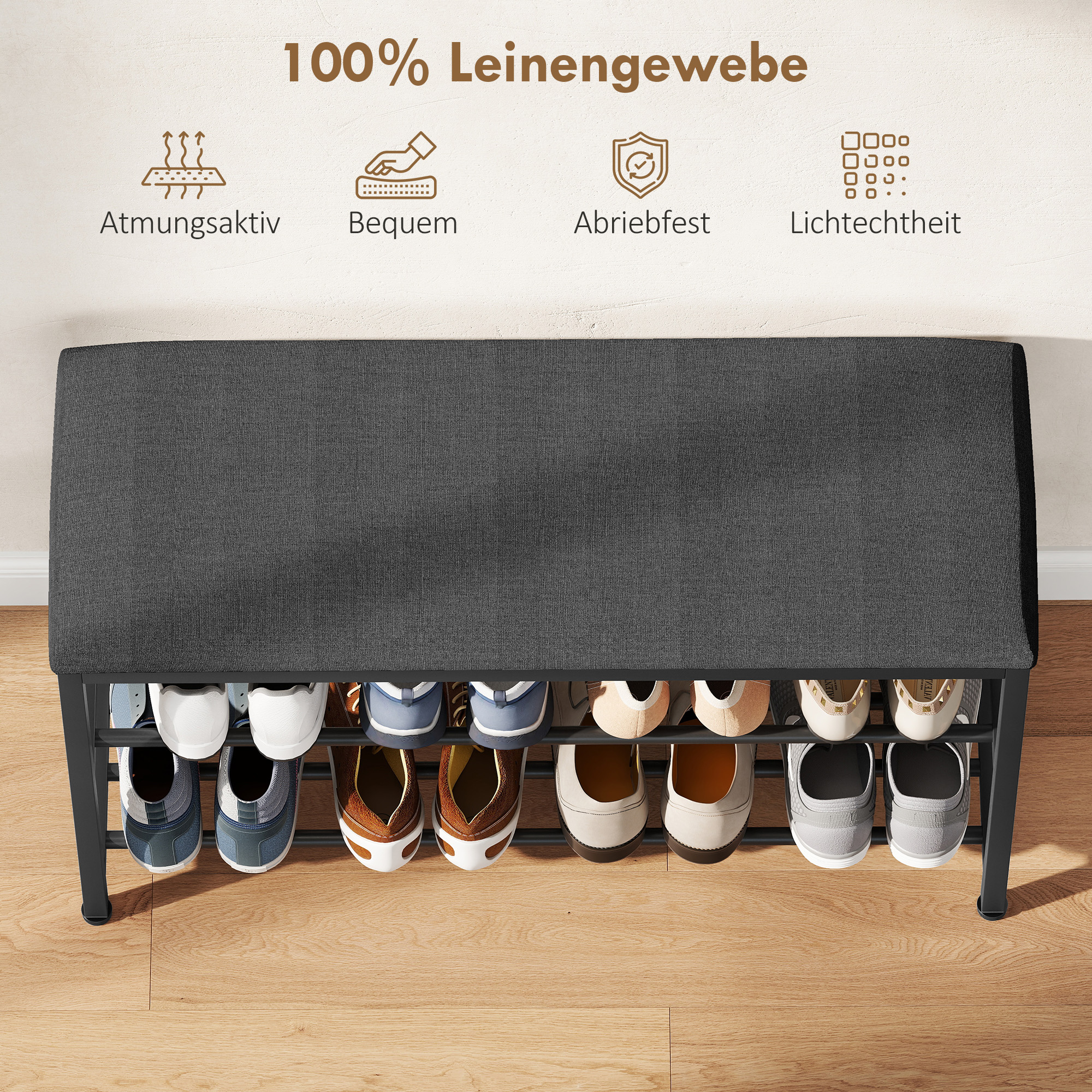 Schuhbank mit Sitzfläche, Sitzbank mit Stauraum, Schuhregal mit 2 offene Fächer, Sitzbank 81 x 31 x 50 cm Schwarz