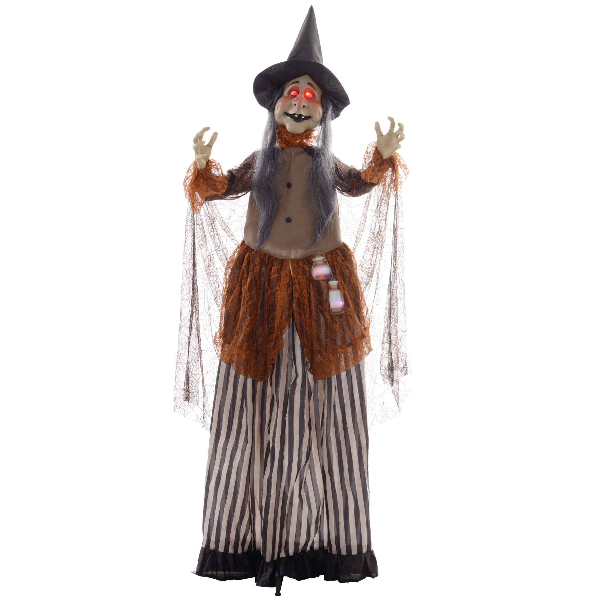 Hexe mit Zaubertrank, Helloweendeko, gruselige Laute, rote Augen, beweglich, 183 cm