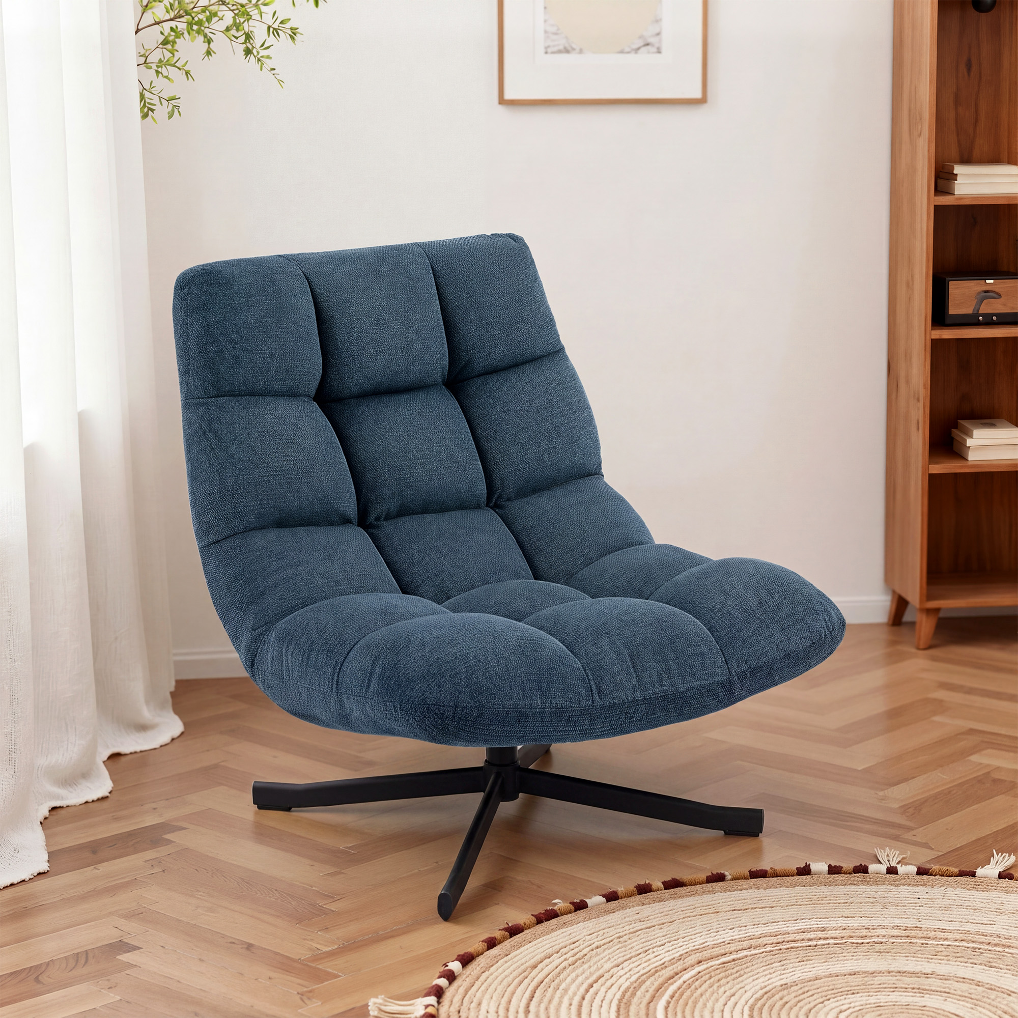 drehbarer Akzentstuhl, Moderner Lounge-Sessel ohne Armlehnen mit Stahlbeinen, Dunkelblau