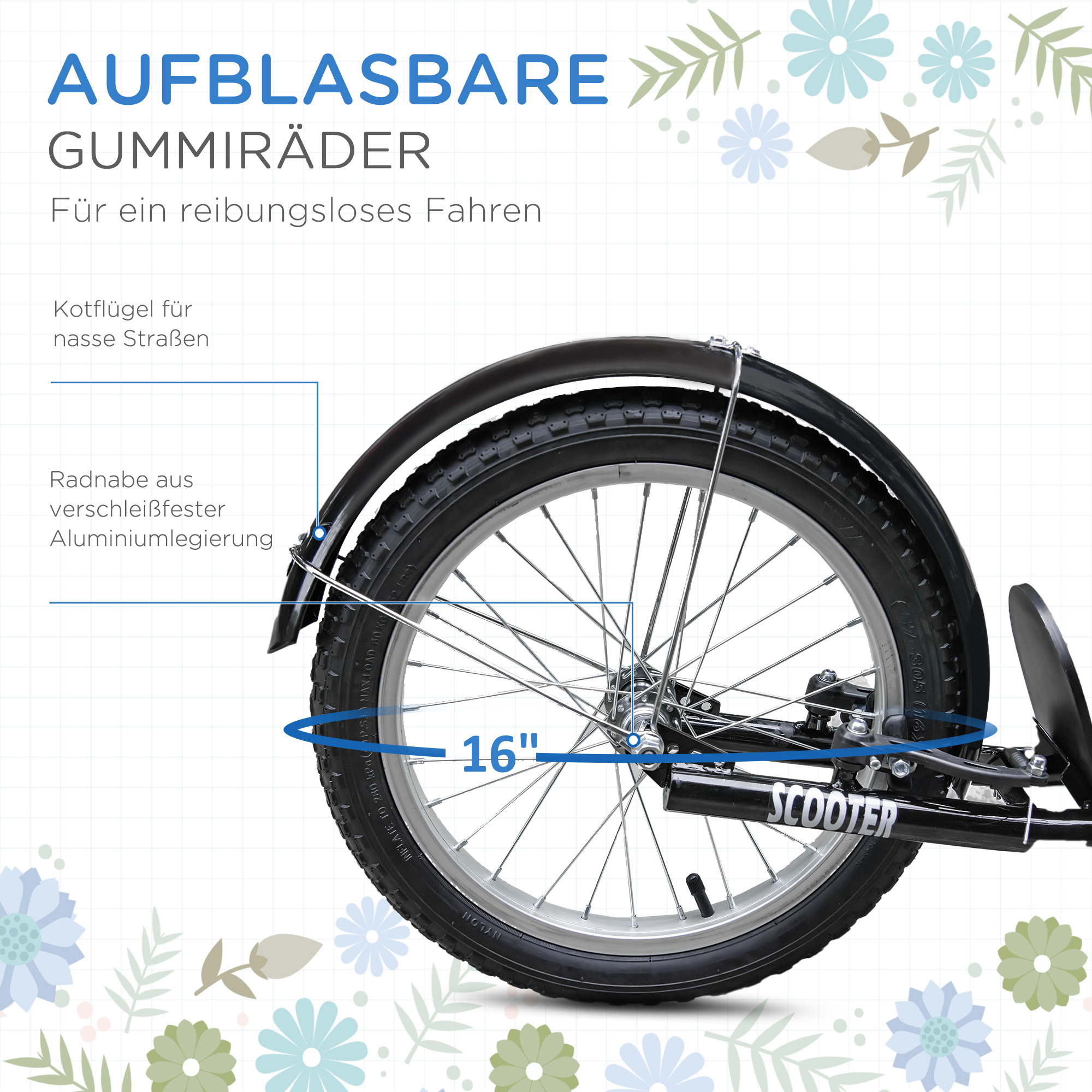 Kinderroller, Scooter mit Bremse, inkl, Korb, höhenverstellbar, für Kinder 5-12 J,, blau+schwarz