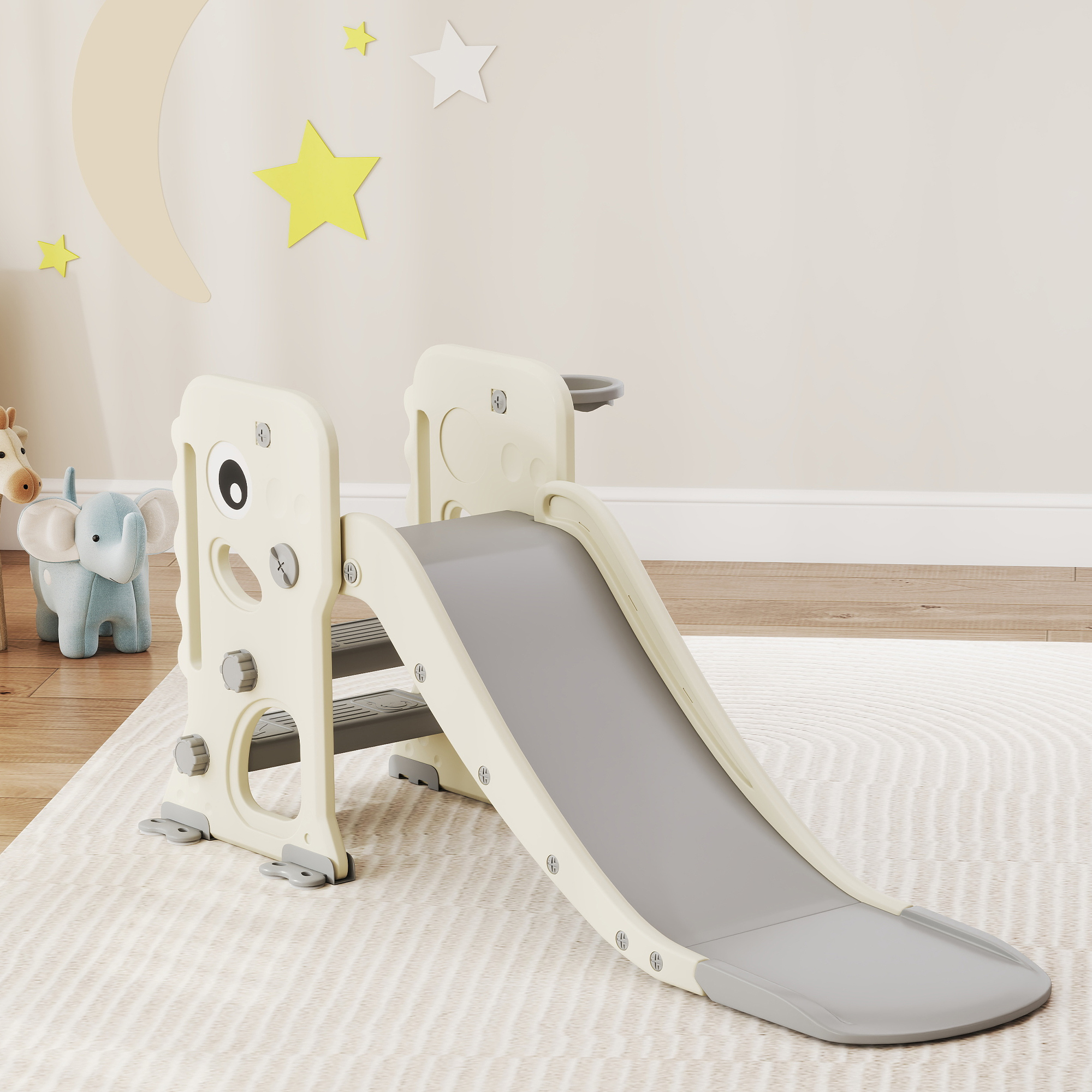 3-in-1-Kinderrutsche mit Klettergerüst, Basketballkorb Ball, faltbare Indoor-Kleinkindrutsche für Kinder 2-5 Jahren