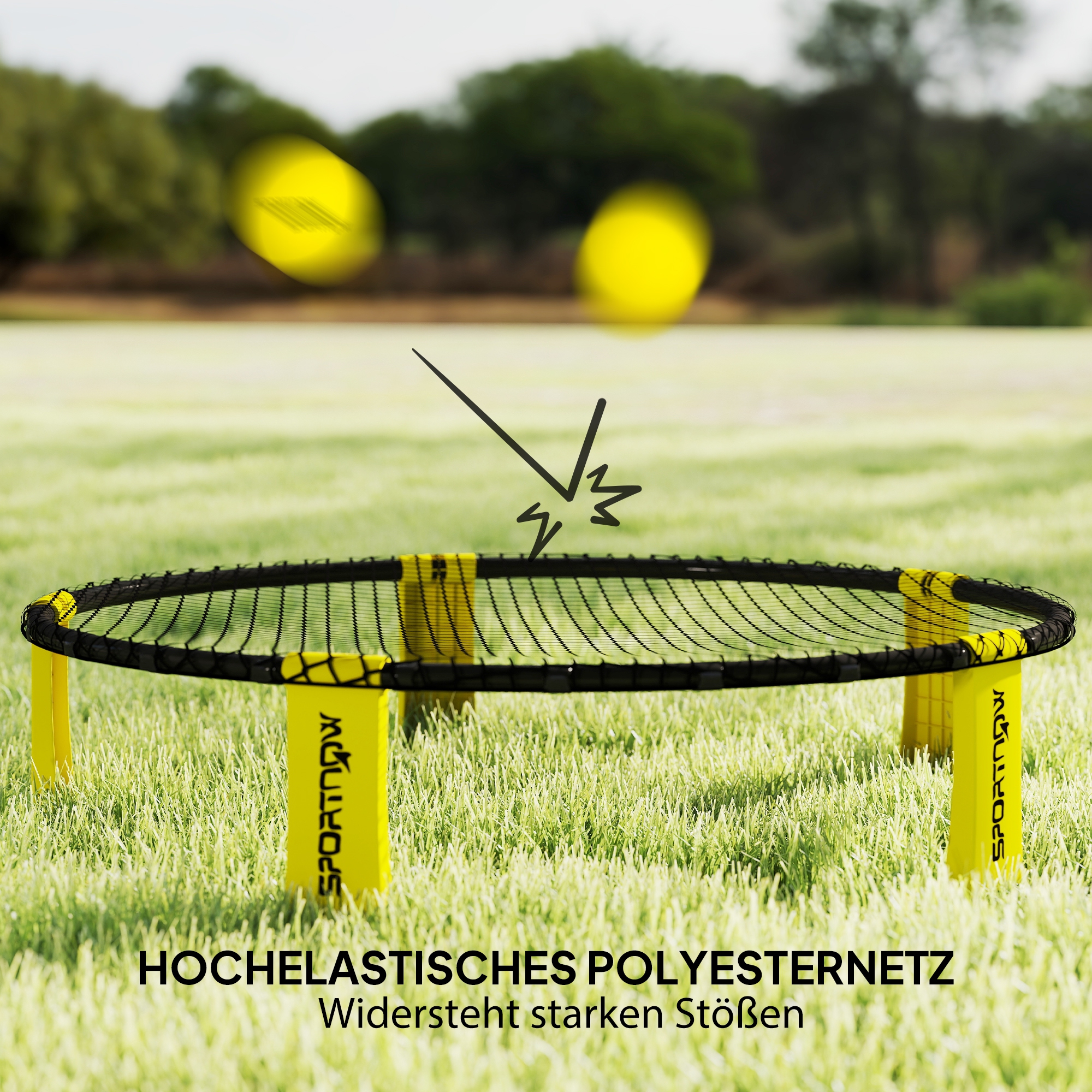 Roundnet Set Spieleset mit Spielnetz 3 Bällen Tragetasche Ballpumpe Blinngoball Set Ø92 x 20 cm Gelb