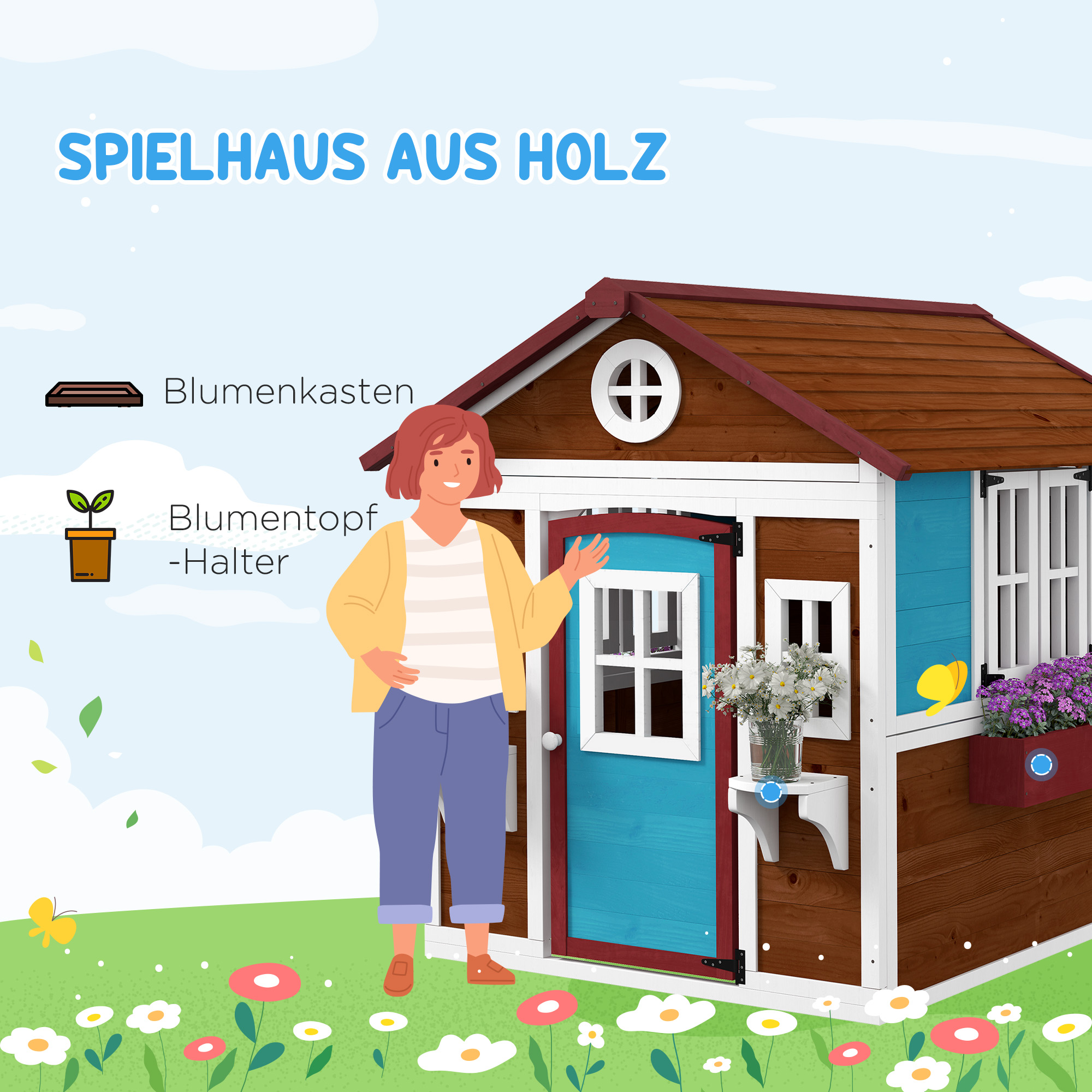 Kinderspielhaus, Holz-Spielhaus für Kinder, Outdoor-Gartenspielhaus mit Fenstern, Blumentöpfe, 3-8 Jahre, Blau