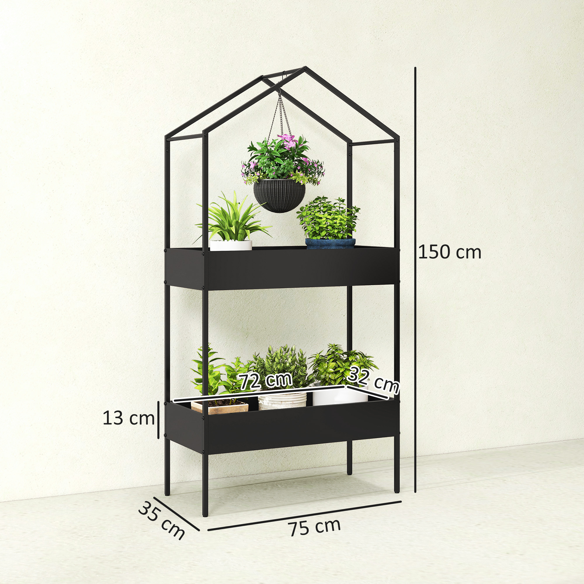 2-Etagen Pflanzenständer in Hausform, 150 cm hoch Blumenständer mit Haken, Metall Schwarz