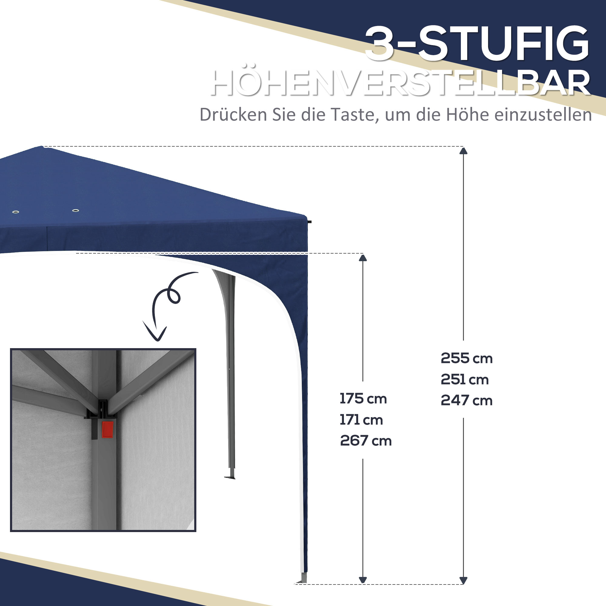 Faltpavillon, höhenverstellbar, Metallstützen, robuste Plane, inkl. Tragetasche, 2,95 x 2,95 x 2,55m, Dunkelblau