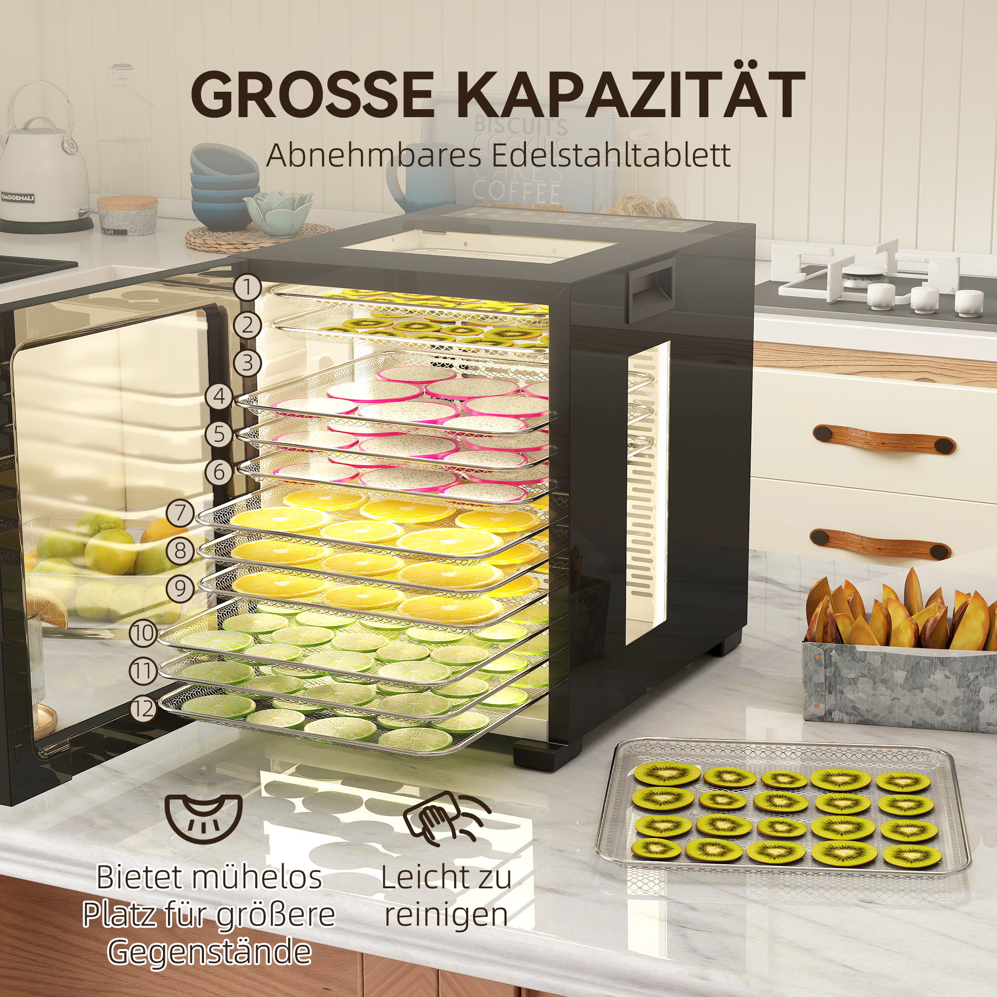 Dörrautomat Dörrgerät, 850 W, 40-70°C Temperaturregler, 48 Std. Timer, 12 Einlegefächer Edelstahl Schwarz