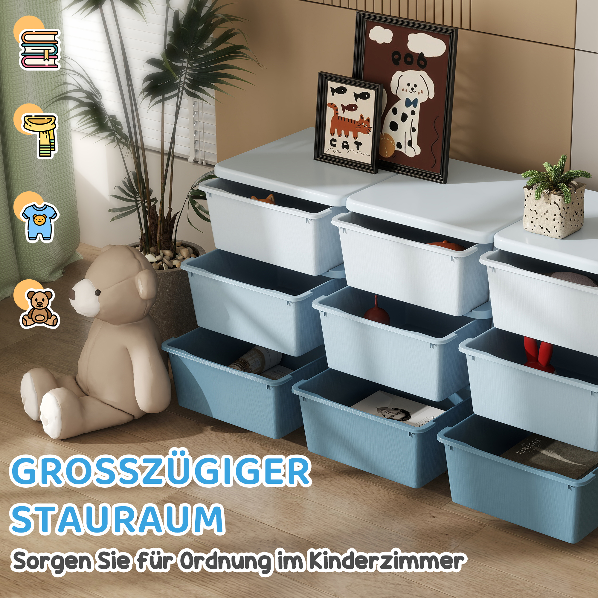 Aufbewahrungsbox für Kinder, Kinder-Aufbewahrungsbox, 9 Schubladen, Blau