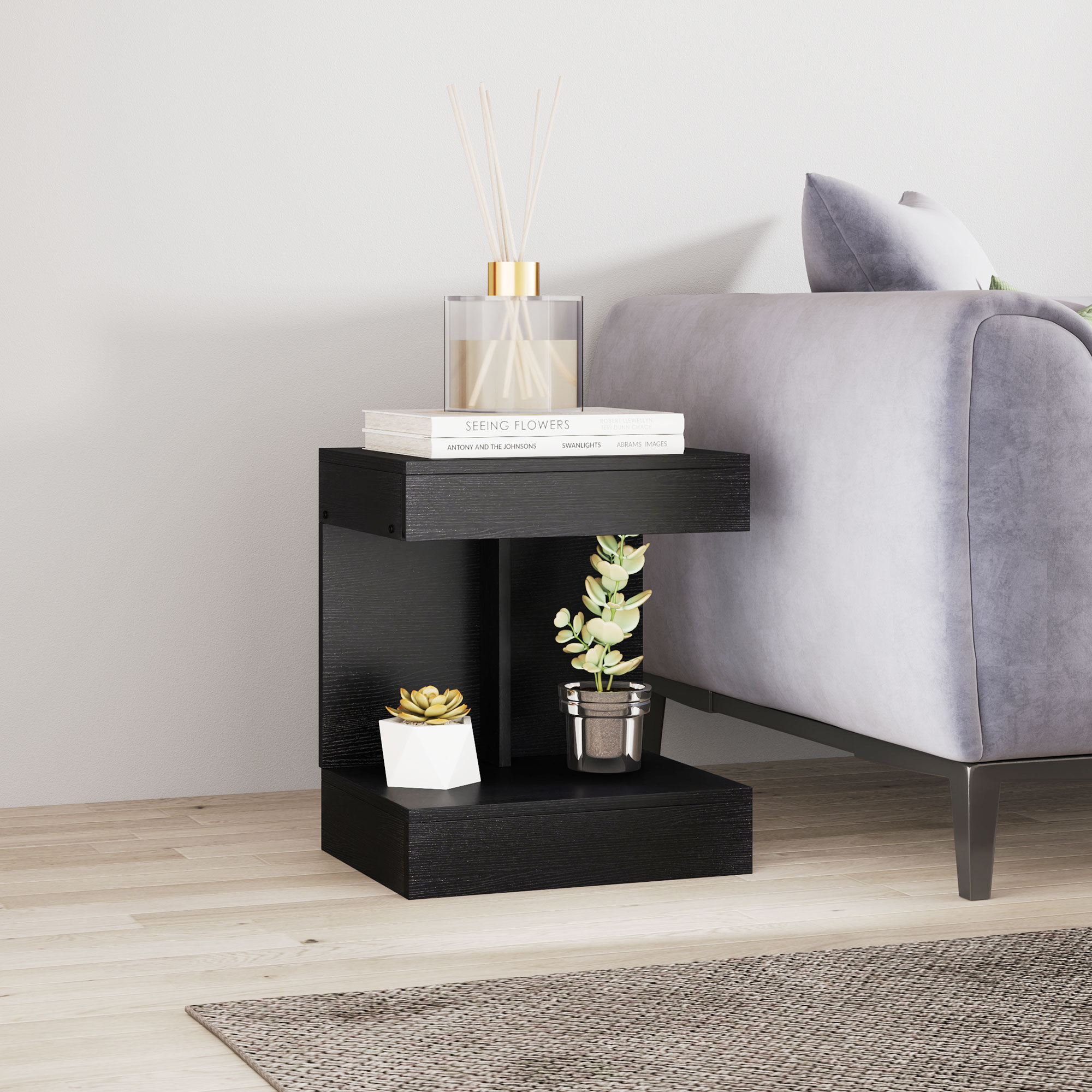 Nachttisch, Beistelltisch mit Schublade und Ablagefach, Moderner Sofatisch mit Regal für verschiedene Räume, Schwarz