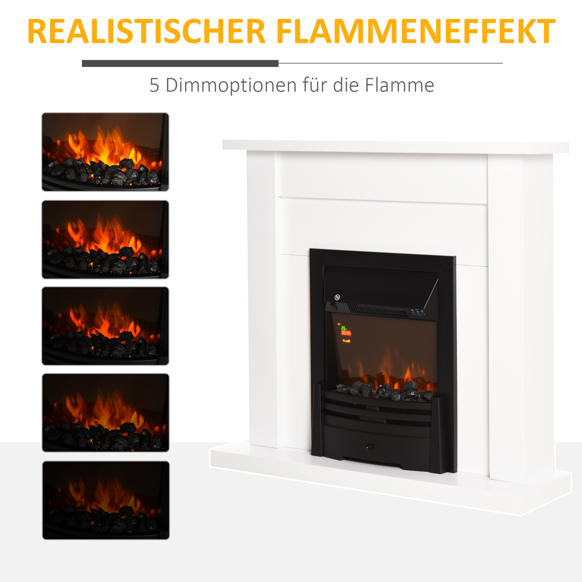 Elektrischer Kamin, 2 Leistungsstufen, Fernbedienung, Timer, realistischer Flammeneffekt, Schwarz+Weiß