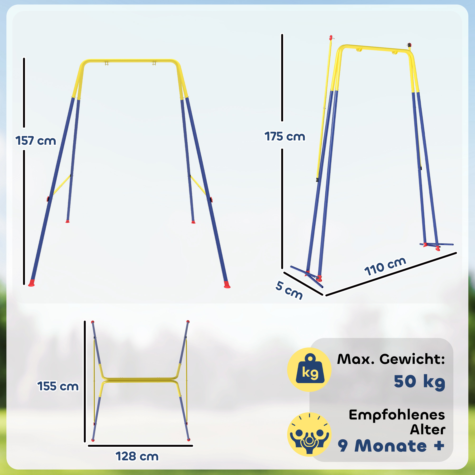 Faltbar Schaukelgestell mit A-Rahmen, 2 Haken, 4 Bodenankern, für 9 Monate bis 8 Jahre Kinder 128x155x157 cm Blau