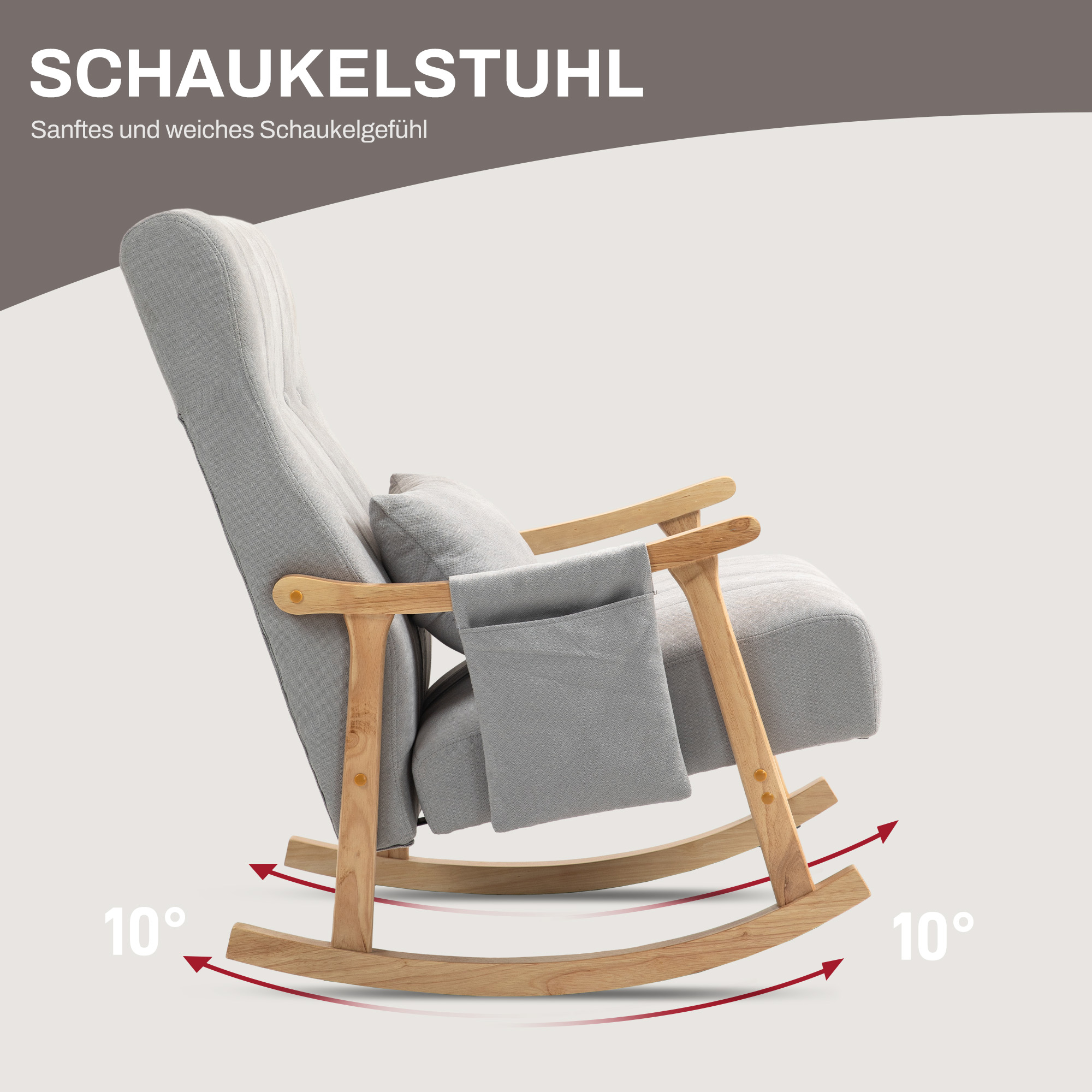 Schaukelstuhl mit Nierenkissen, breiter Sitz, Kautschukholzrahmen, bis 120 kg, Grau