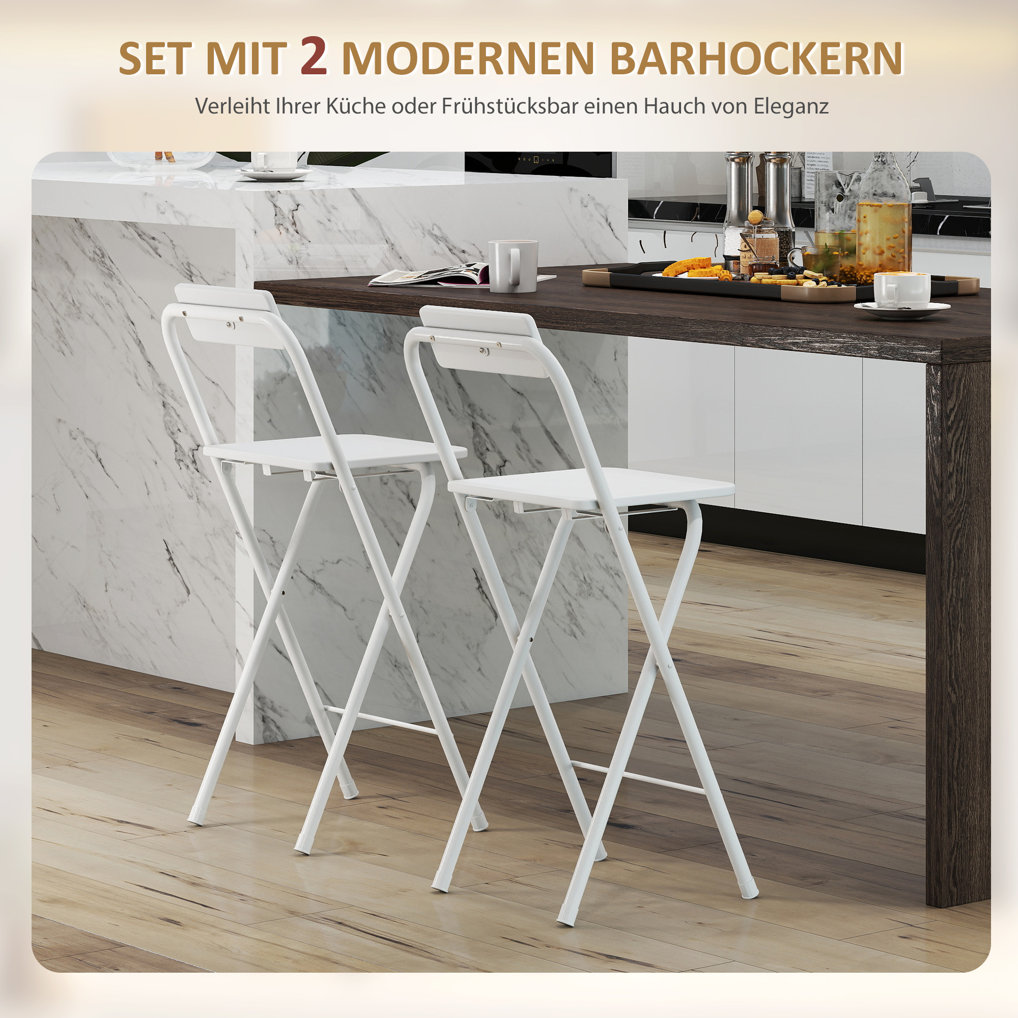 Barhocker 2er Set, Klappbar Barstuhl mit Stahlgestell, Lehne, Fußstütze Tresenhocker für Küche 37 x 45 x 87 cm Weiß