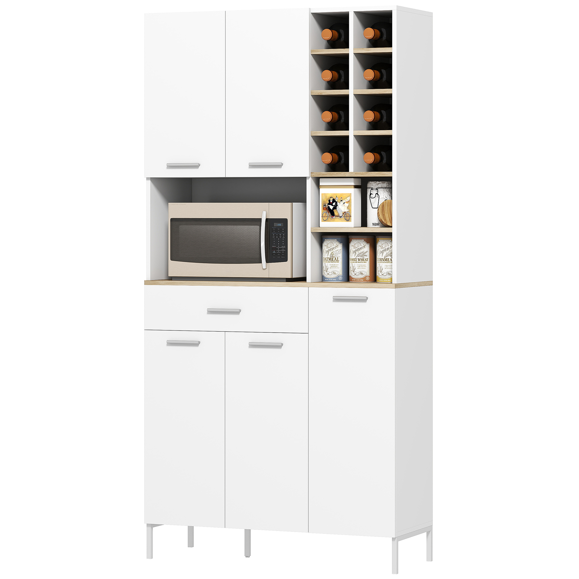 Küchenschrank mit offenen Regalen, Fächern, Weinregal, Vorratsschrank mit 5 Schranktüren, MDF, Weiß