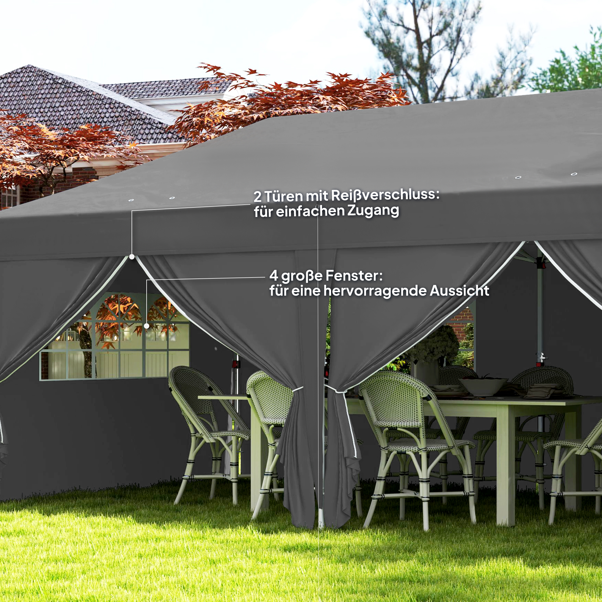 Pavillon ca. 6x3m Stabil Winterfest Pop-up Faltpavillon mit Fenster Reißverschlusstür Seitenteilen UV Schutz