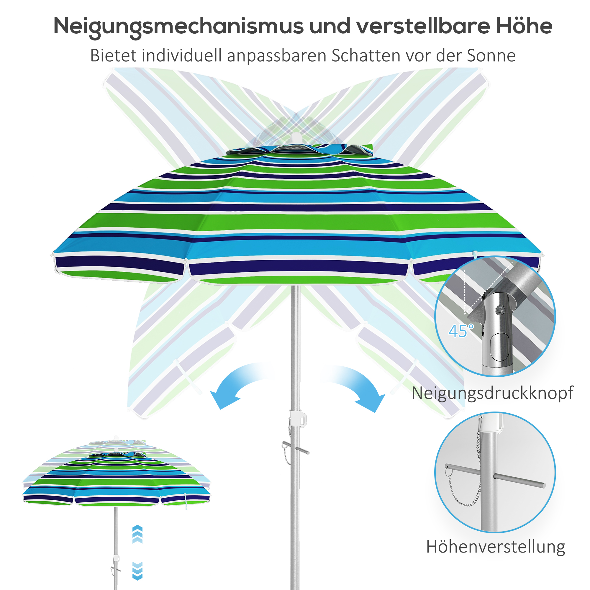 Sonnenschirm Strand Ø178 cm UV40+ windfest stabil höhenverstellbar Strandschirm mit Neigung Belüftung Tasche Mehrfarbig