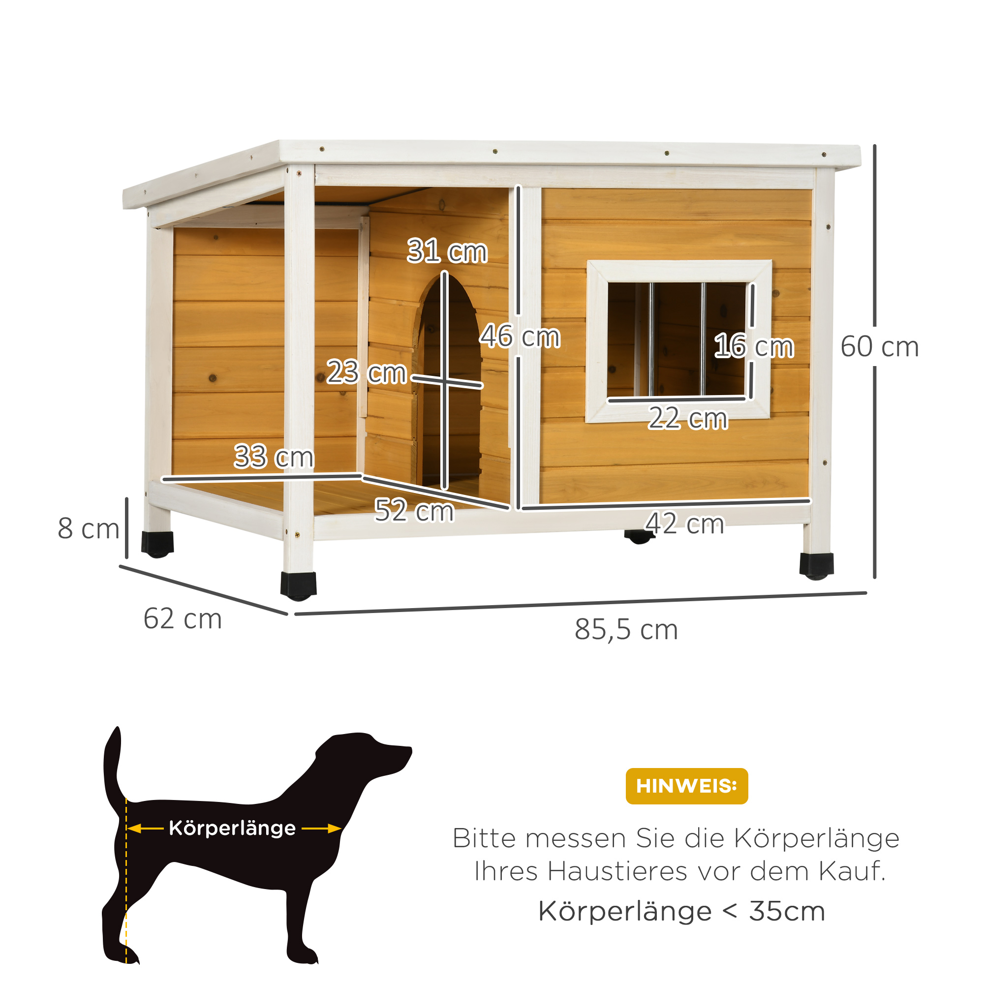 Hundehütte mit Veranda, aufklappbares Dach, Fenster, verstellbare Füße, Naturholz, orange, 85,5 x 62 x 60 cm