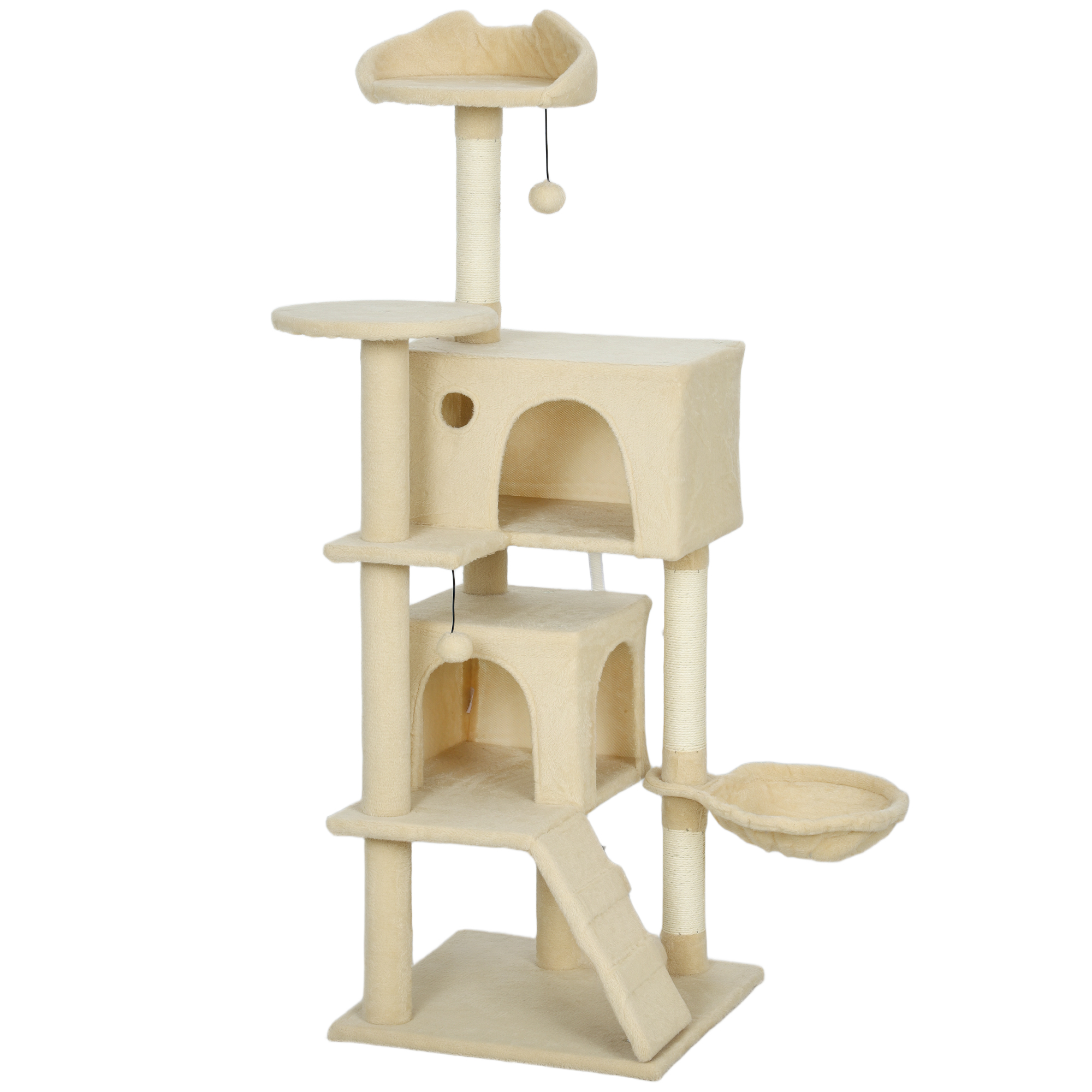 Kratzbaum 140 cm Katzenturm mit Hängematte, Leiter, Höhle, 2 Plüschballen, Sisalstämme, 48 x 48 x 140 cm, Beige