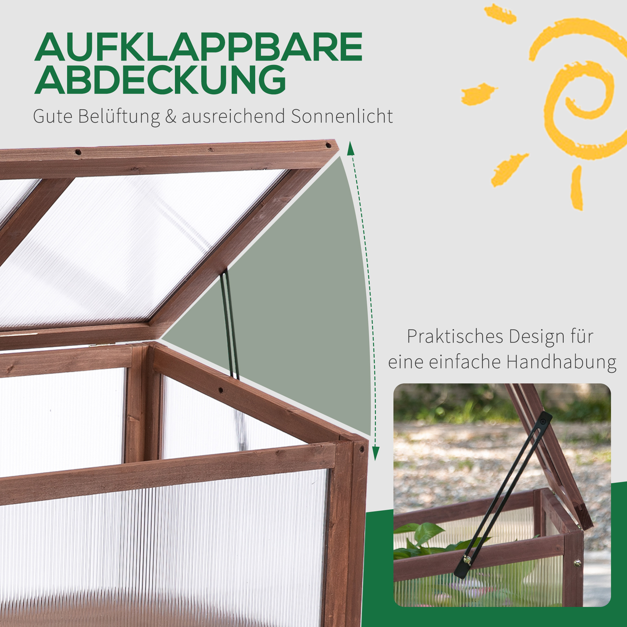 Hochbeet aus Holz Frühbeet 90 x 50 x 93 cm Gewächstisch mit Abdeckung wetterfes Kräuterbeet Pflanzkasten für Garten, Balkon und Terrasse Braun