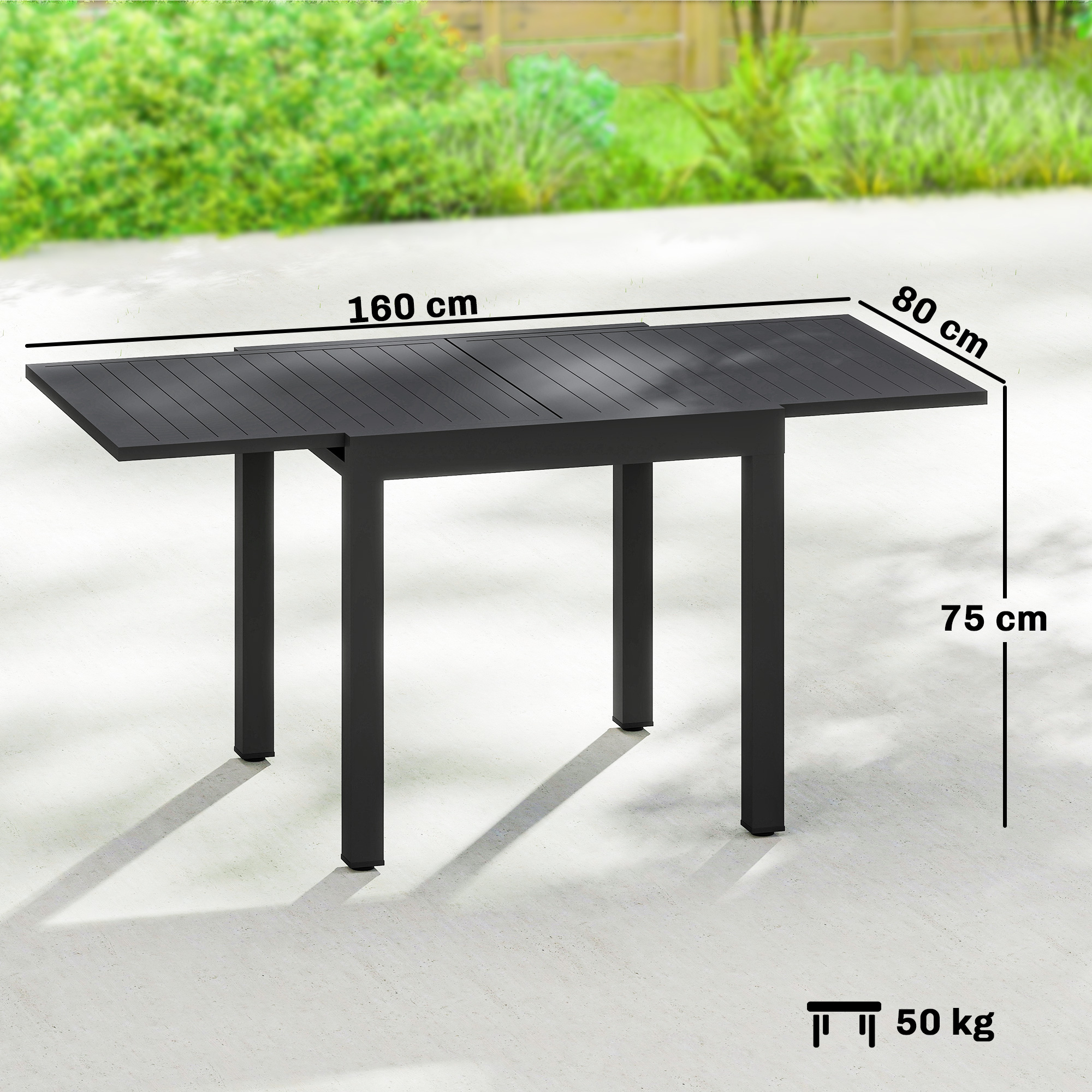 Gartentisch Ausziehbarer 80/160 x 80 cm Aluminium Esstisch für 4-6 Personen, Rechteckig mit Lamellenplatte