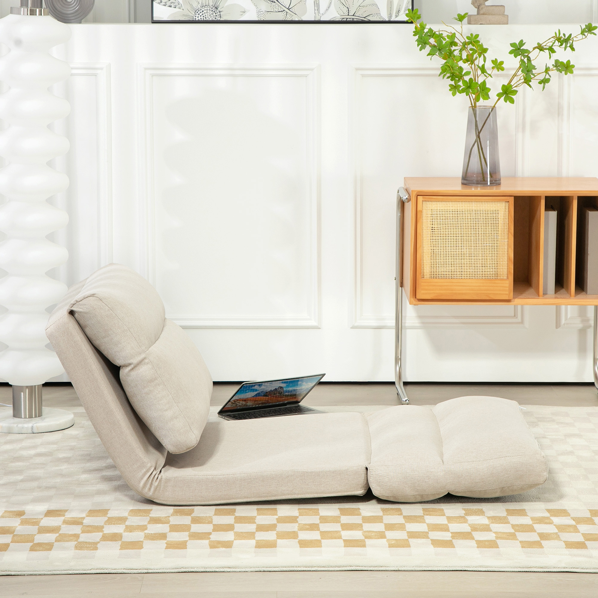 Sitzsack mit Bettfunktion, neigbare Lehne, klappbar, bis 120kg, 70 x 72 x 56 cm, Beige
