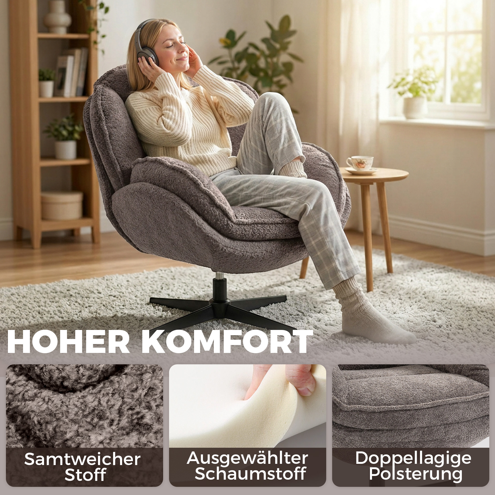 moderner Wingback-Sessel, Samt-Armlehnsessel mit Vier-Sterne-Basis, S-Federn, 360° Drehfunktion, Grau
