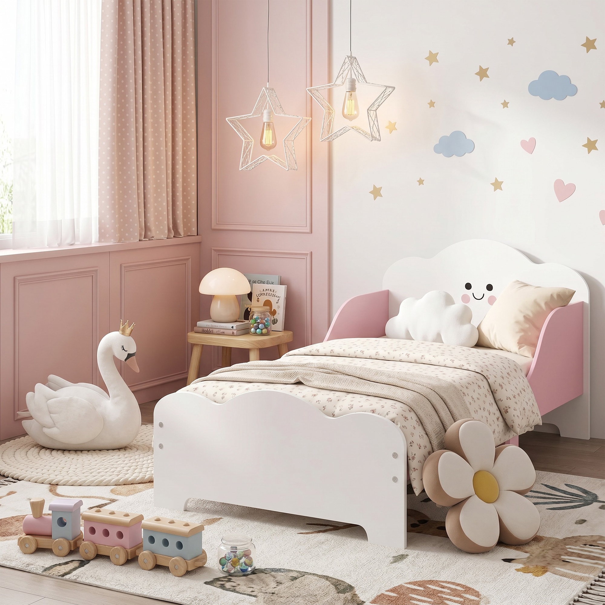Kinderbett, 140 x 70 cm Bettgestell mit hohen Schutzgitter für Kinder von 3-6 Jahren, ohne Matratze, Rosa