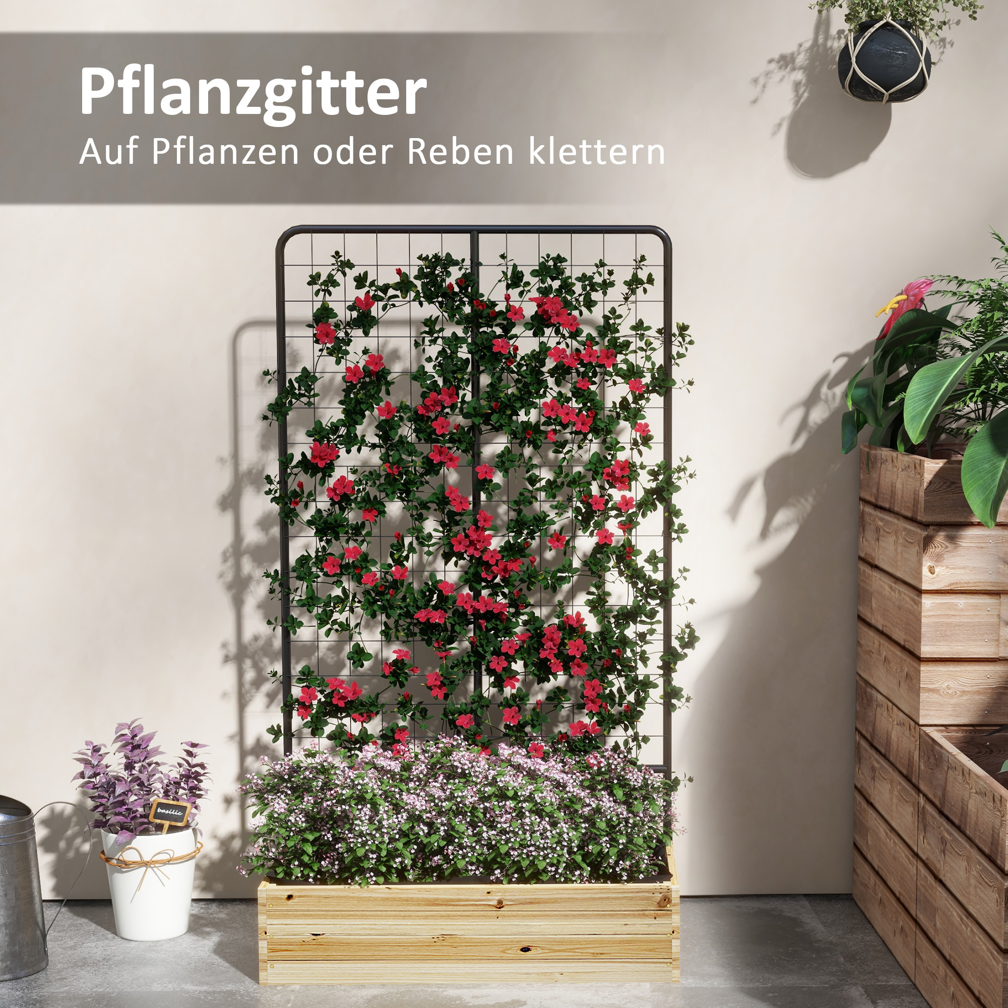 Hochbeet mit Rankgitter, Innenfutter aus Vlies, Naturholz, Stahl, 80x38x145 cm, Schwarz