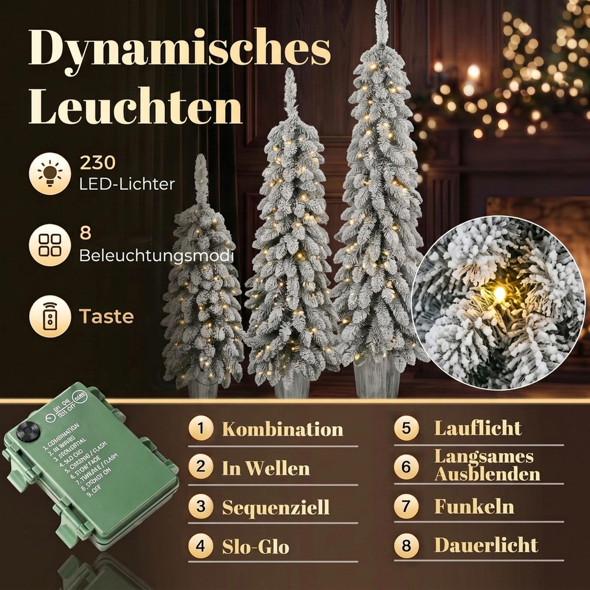 3er-Set beschneite künstliche Weihnachtsbäume, vorbeleuchtet mit PVC-Zweigspitzen und warmweißen LED-Lichtern