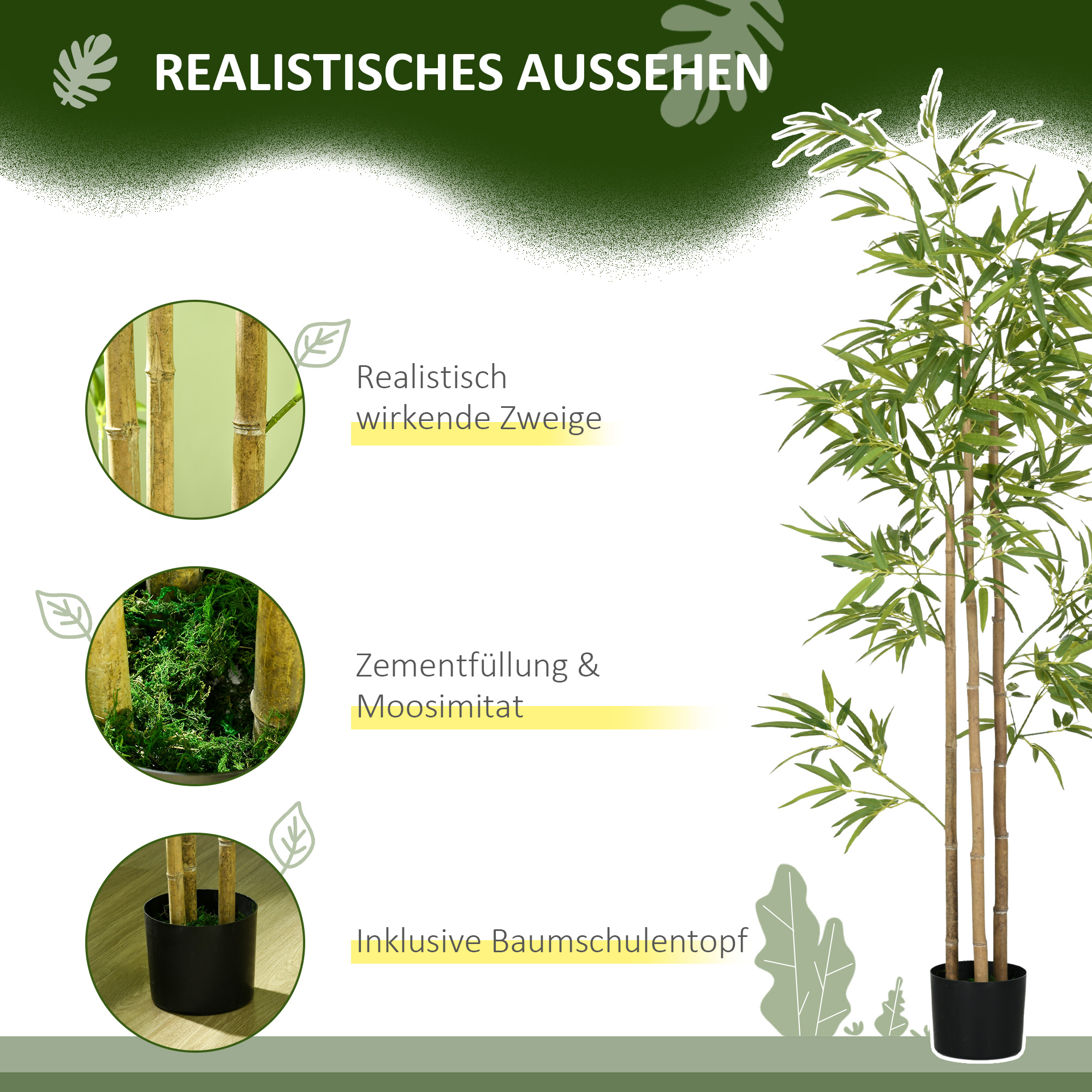 Kunstpflanze, Bambus, 3 Stämme, 830 Blätter, pflegeleicht, 180 cm, Zementtopf