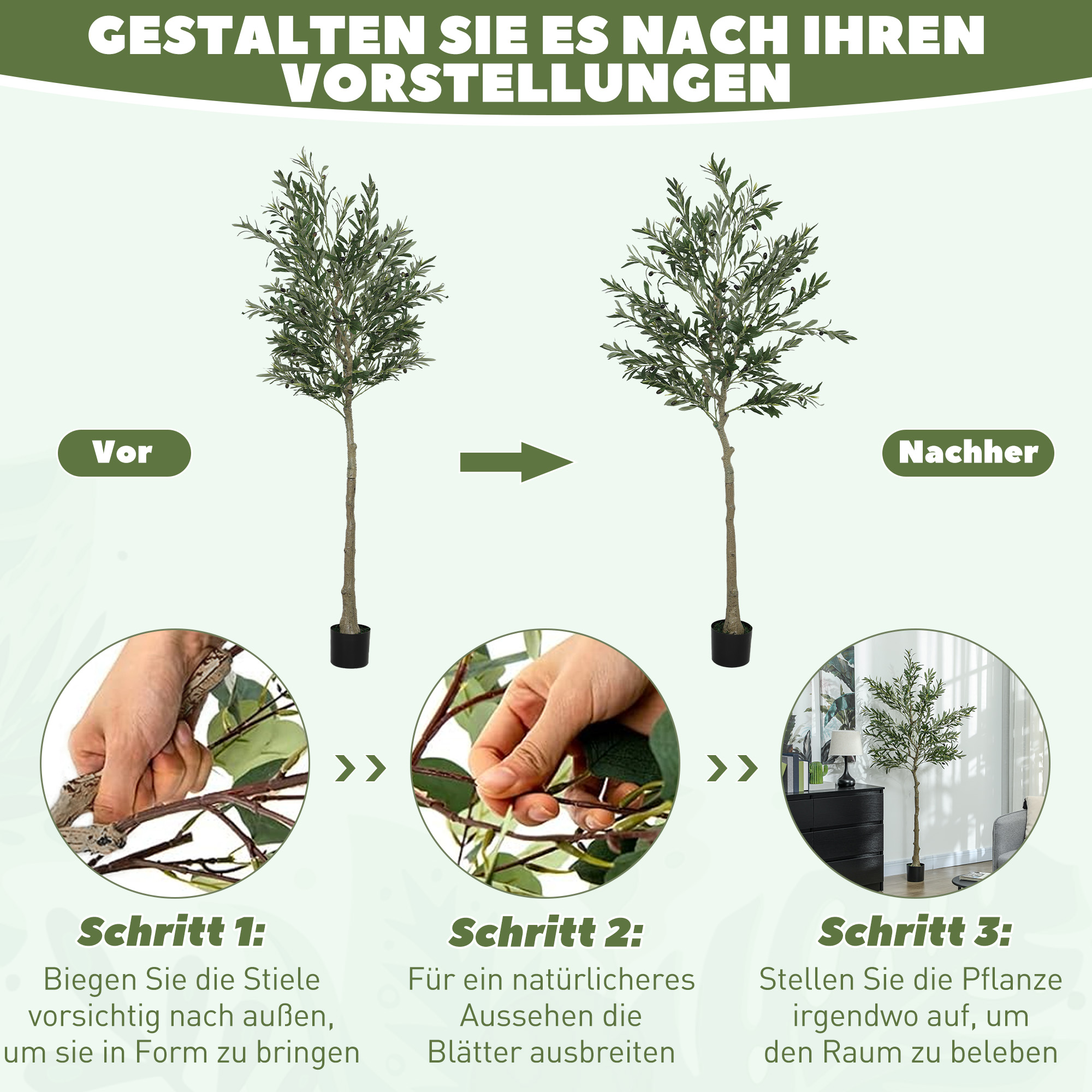 Kunstpflanze, künstlicher Olivenbaum, 180 cm, 900 Blätter, 40 Oliven, stabiler Blumentopf, Dekorationspflanze, Grün