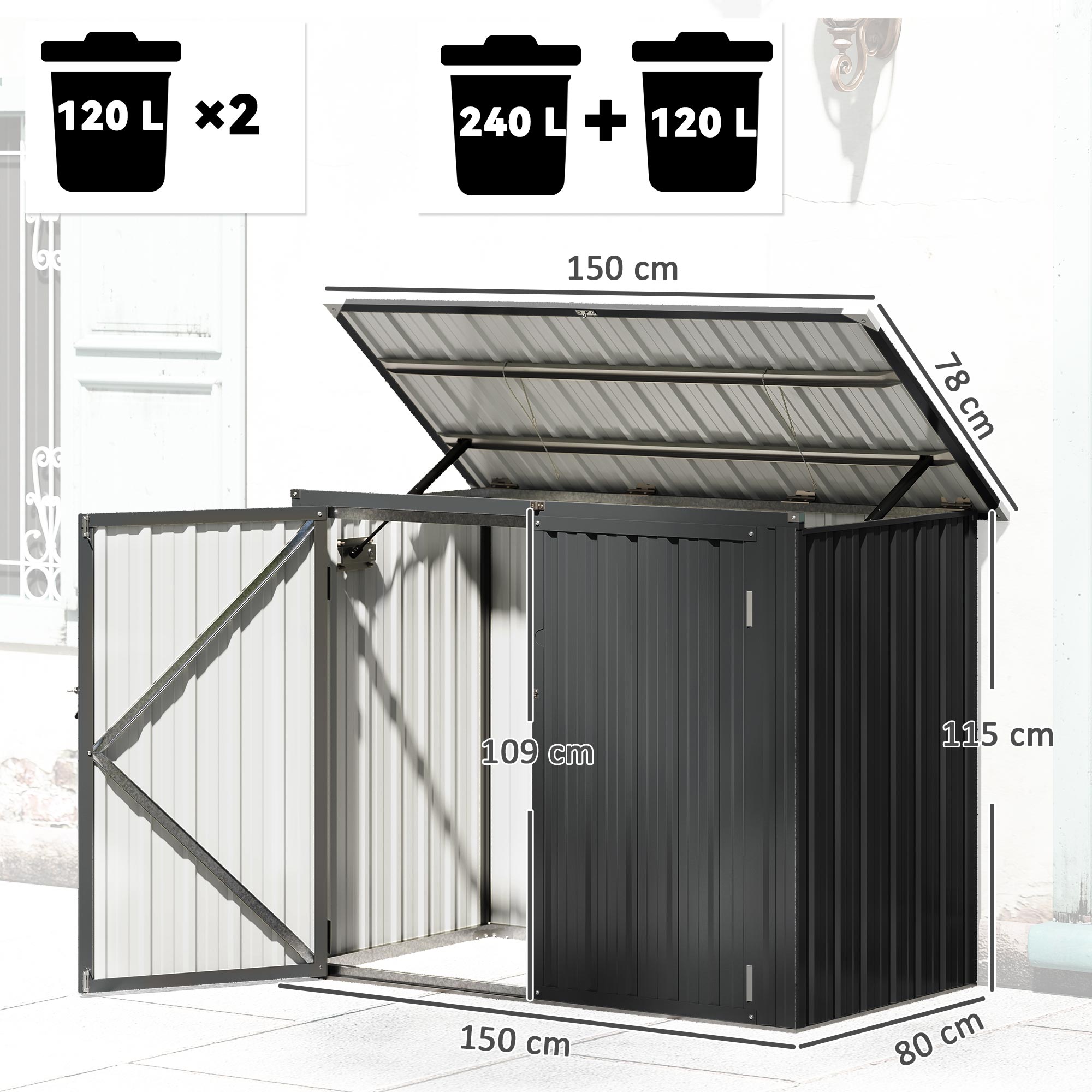 Mülltonnenbox für 2 Tonnen Abschließbar Mülltonnenverkleidung mit aufklappbarem Deckel Dunkelgrau