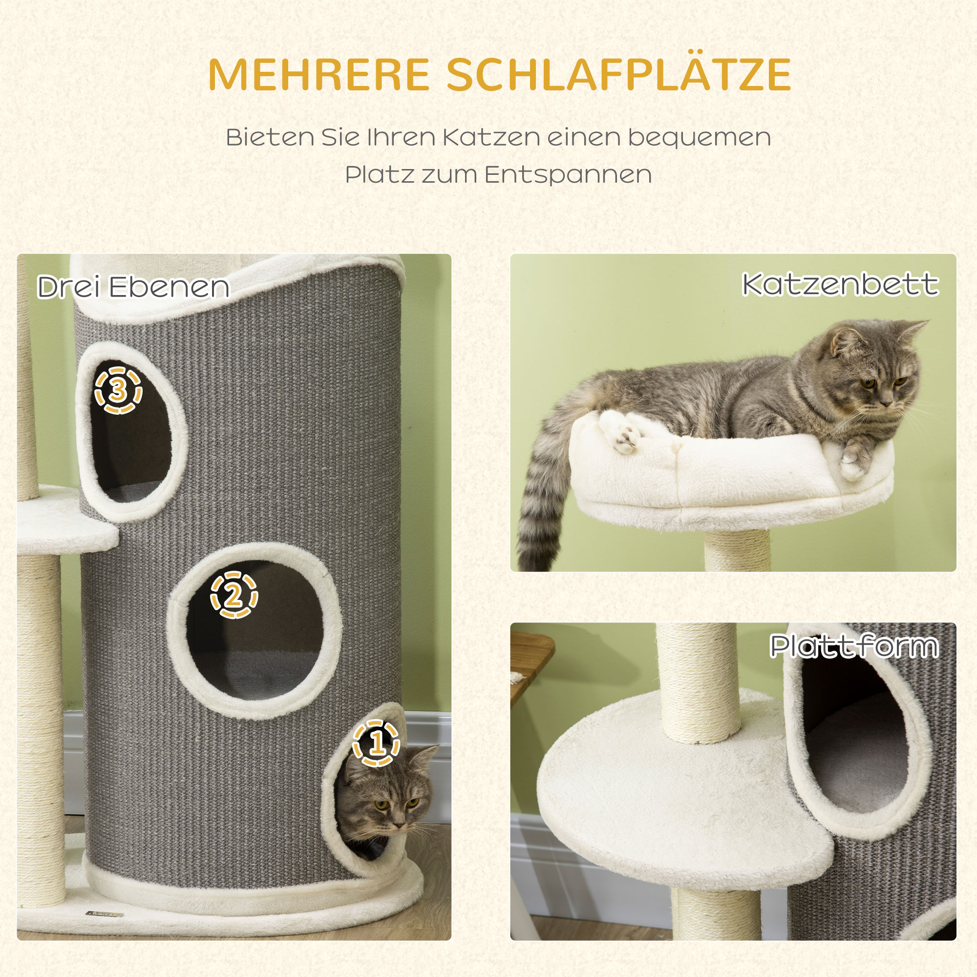Kratzbaum mit Katzenbett u. Kratztonne für Katzen, 60 cm x 44,5 cm x 109 cm, Grau + Natur + Weiß