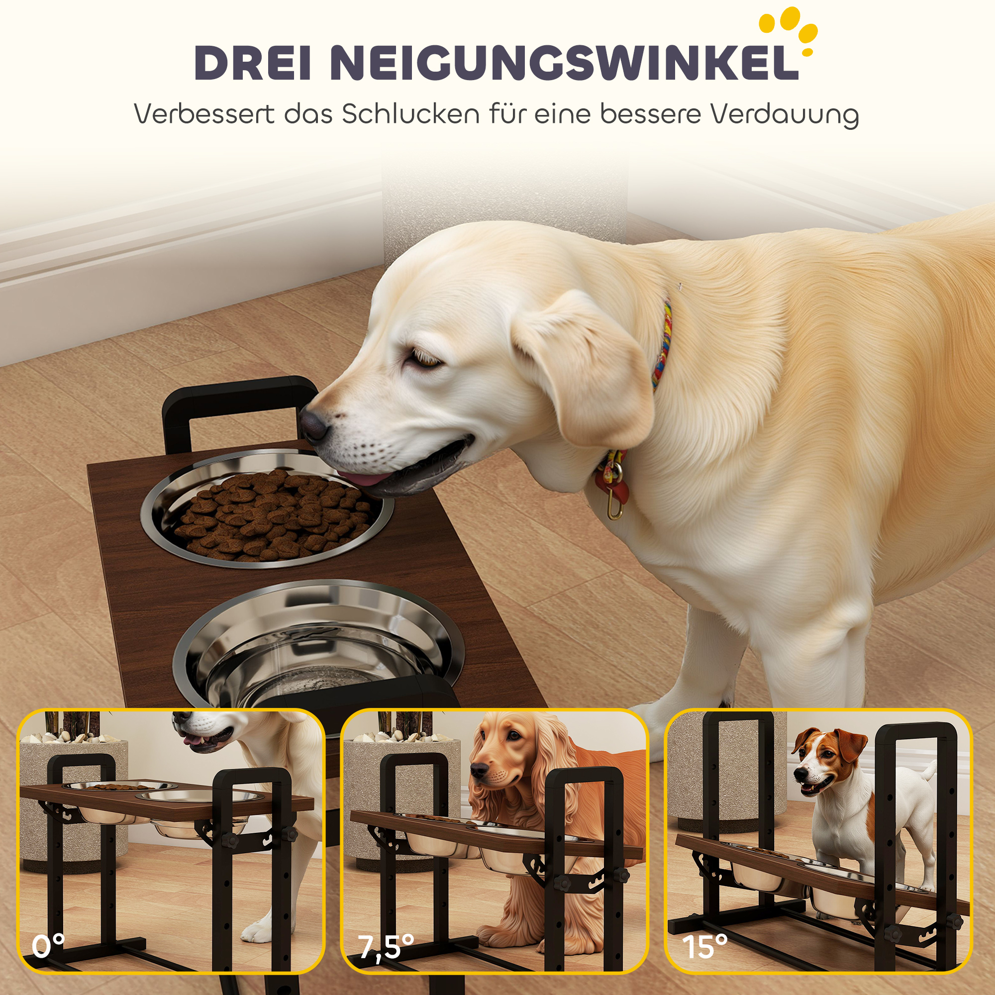 Hundenapf erhöht 4 höhenverstellbare Futternapf mit Ständer, 2 x 1,2 L Edelstahlnäpfen, 3 einstellbaren Winkeln, Braun