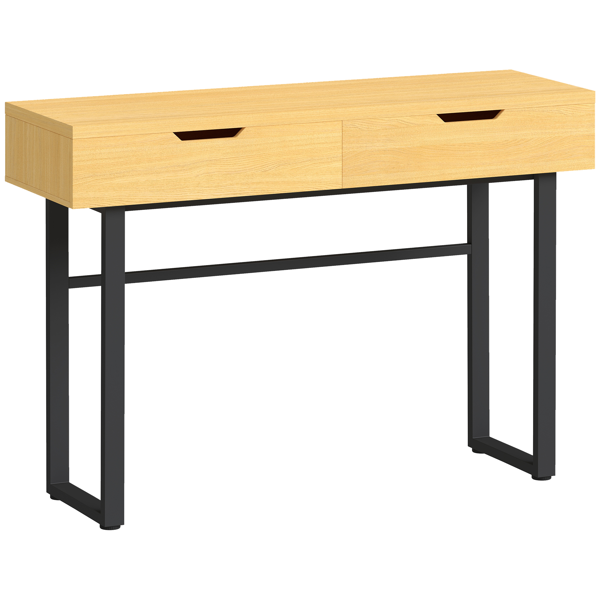 Konsolentisch Schmaler Flurtisch mit 2 Schubladen, Metallrahmen, für Flur 110 x 35 x 76,5 cm Natur