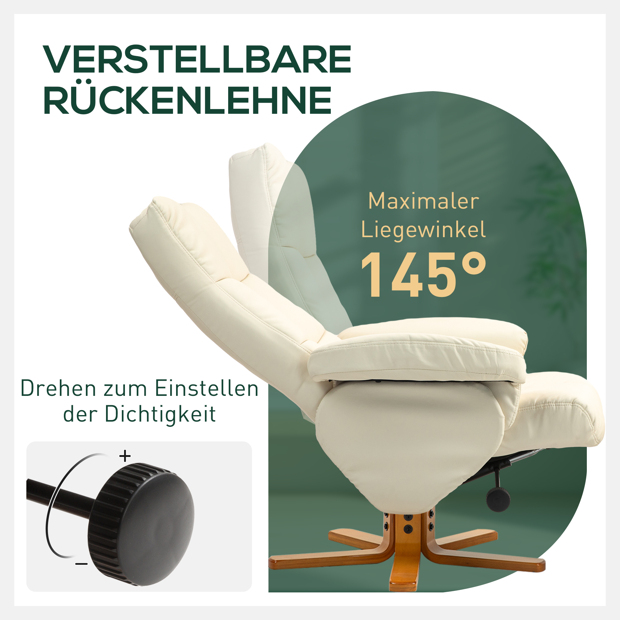 Relaxsessel mit Hocker, 145° neigbare Rückenlehne, 360° drehbar, Kunstleder, Cremeweiß