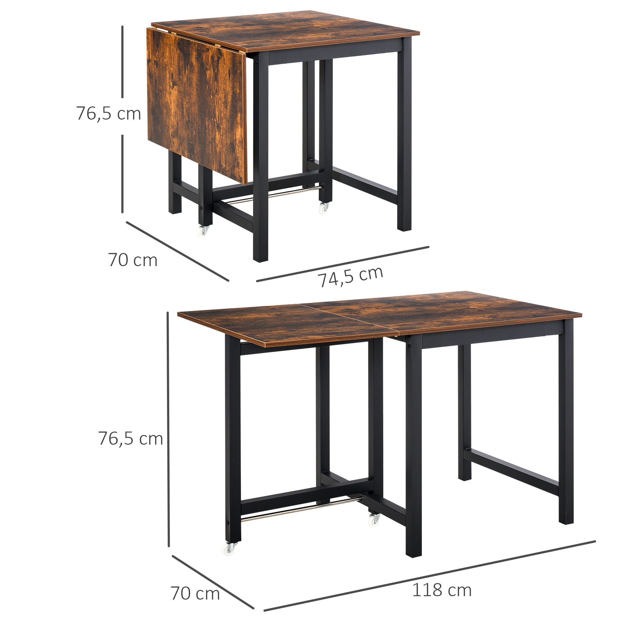 Faltbarer Esstisch, Industrieller Tisch, klappbar, aus Metall und Holz, platzsparend, Braun