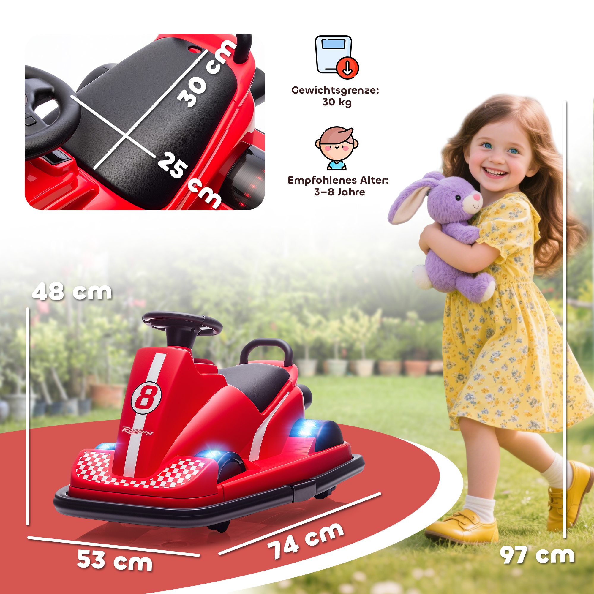Autoscooter für Kinder, um 360 Grad drehbar, Lenkrad, LED-Lichter, Musikfunktion, 3-8 Jahre, Rot