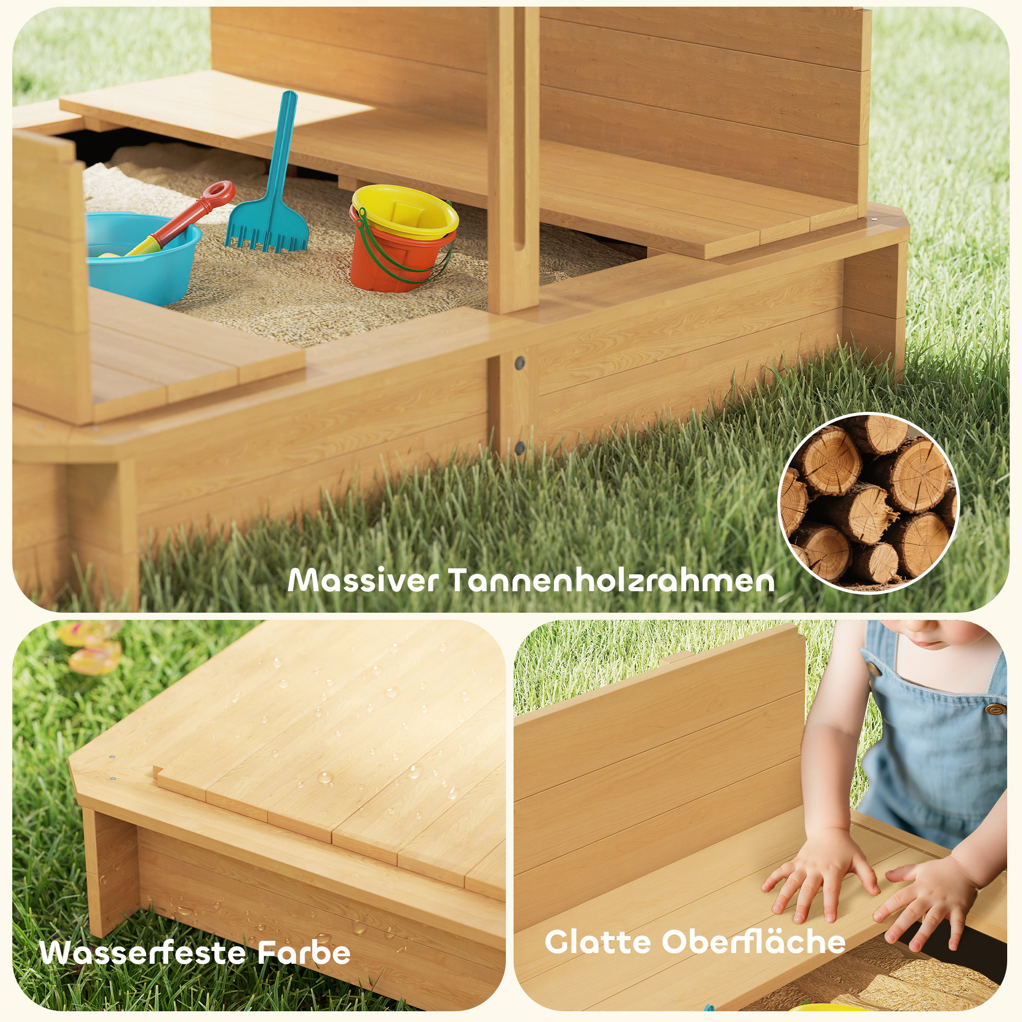 Sandkasten 106x106 cm Kinder Sandbox aus Holz mit höhenverstellbar Abdeckung Sitzbänken Rücklehnen Hellbraun