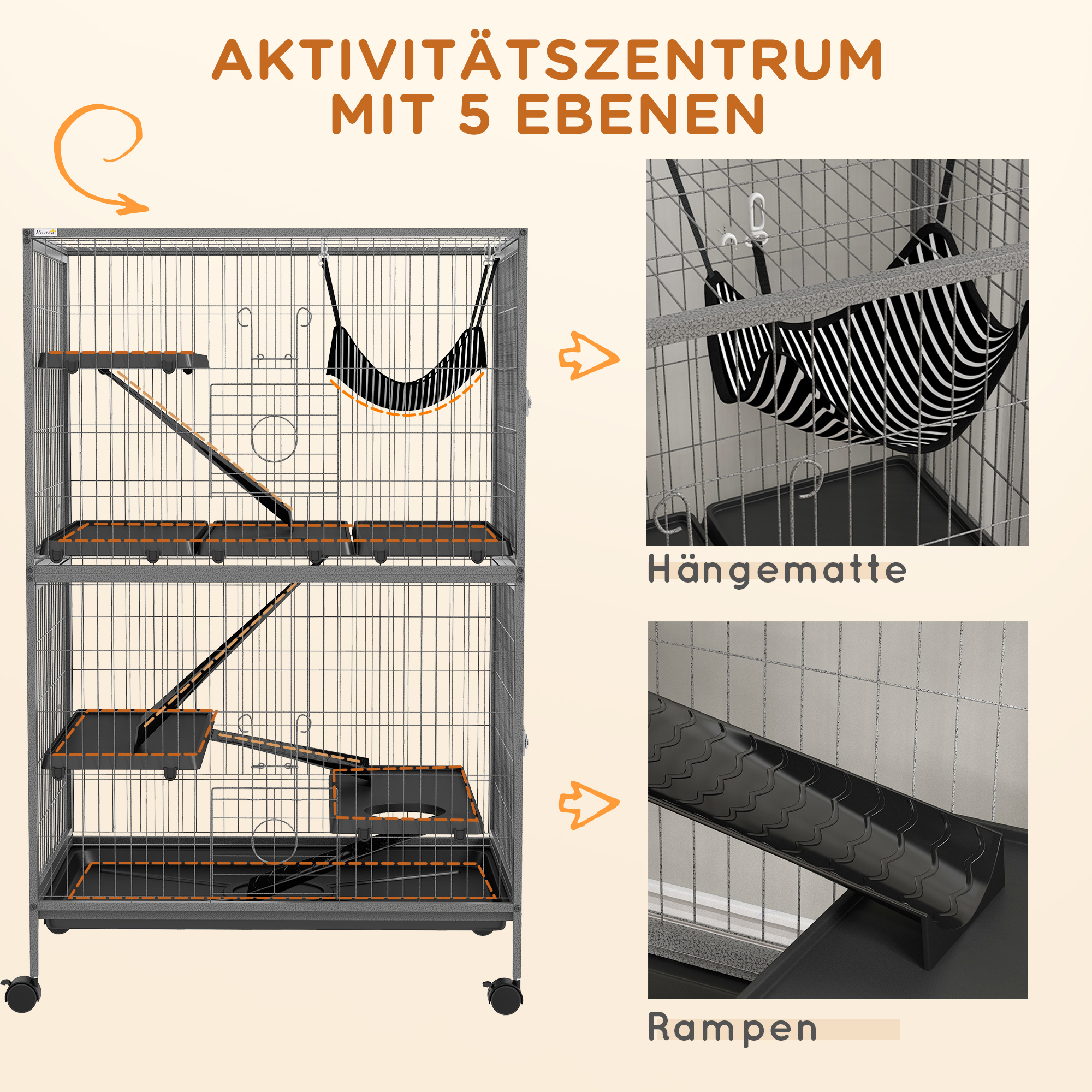 Kleintierkäfig mit Hängematte, Nagetierkäfig mit Rollen, 4-stöckiger Käfig, Metall, Kunststoff, 80 x 52 x 128 cm, Grau