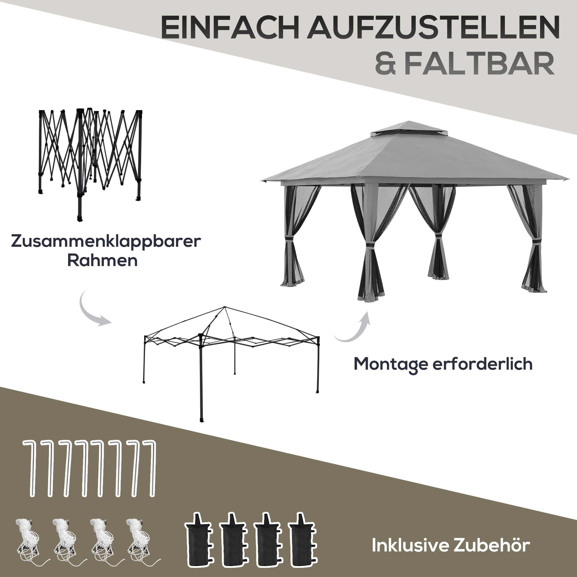 Faltpavillon, höhenverstellbar, 4 Netzwände, Lüftungsdach, Tragetasche, Schnellaufbau, dunkelgrau, 4 x 4 x 3 m