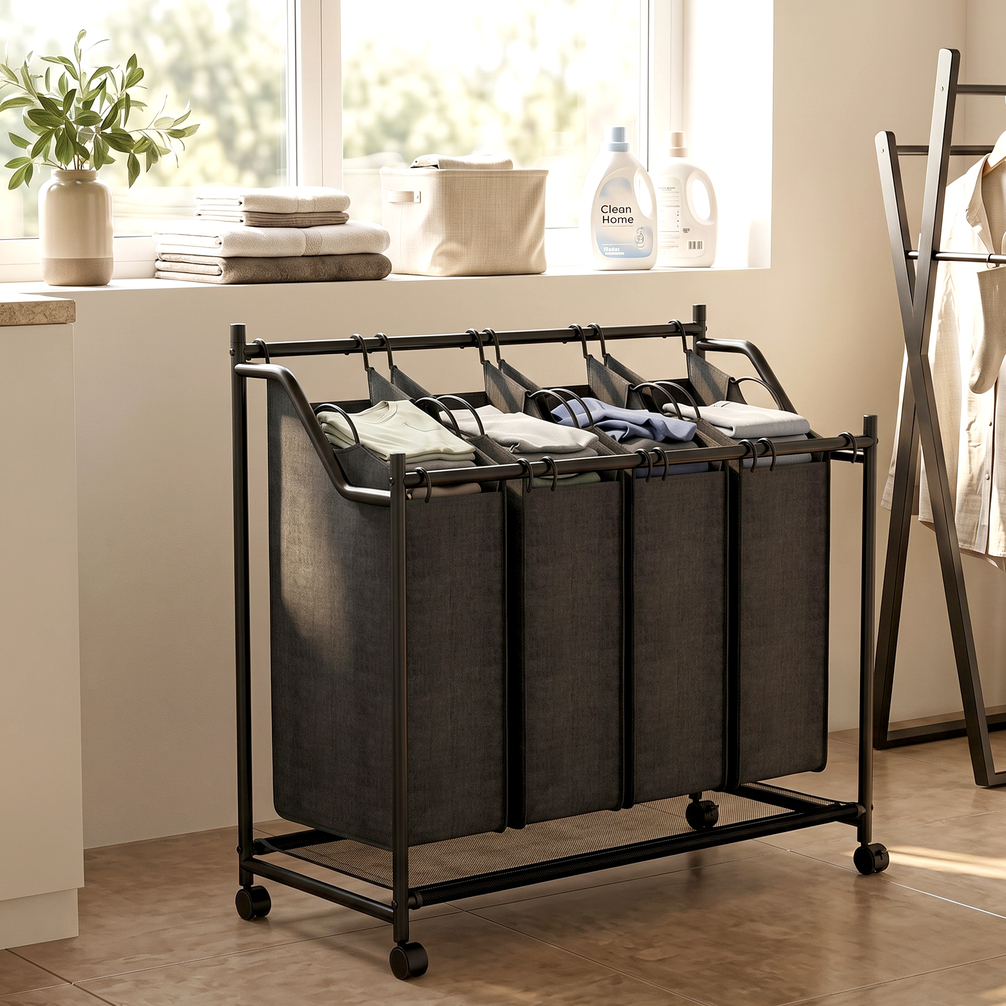 Wäschesammler mit Griff, 108 L rollbarer Wäschekorb mit 4 Fächern und Rollen, Schwarz