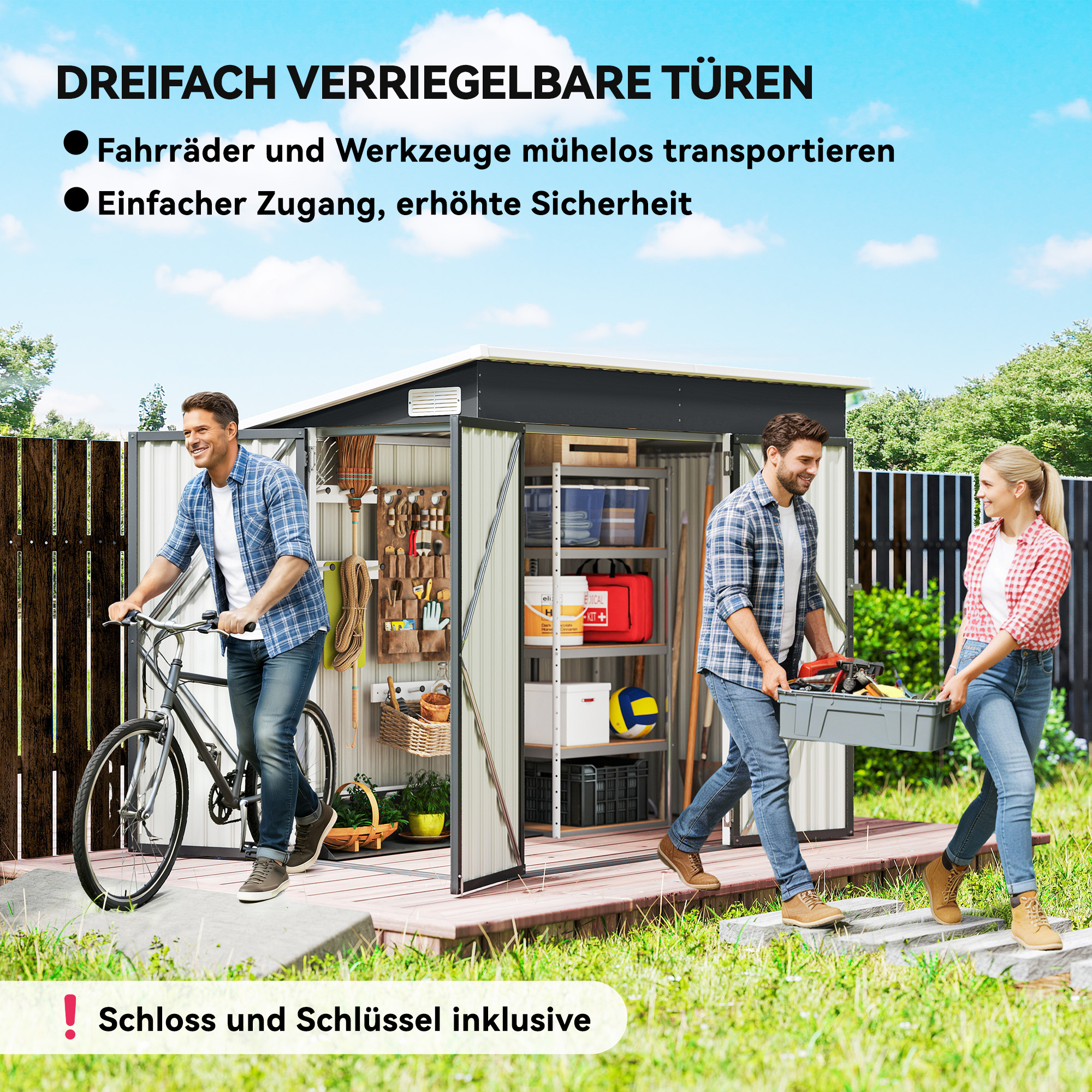 Metall Gerätehaus 2,68 m², abschließbar Geräteschuppen mit 3 Türen Lüftung Pultdach Handschuhen
