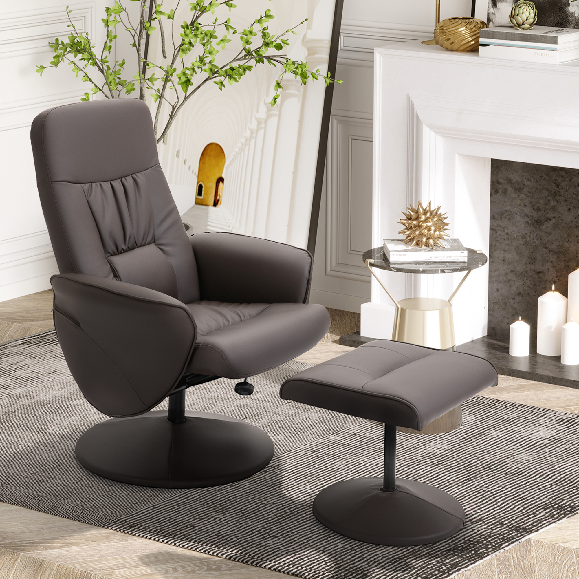 2-teiliges Sessel-Set, Sessel mit Fußhocker, Relaxsessel mit Fußhocker, höhenverstellbar, neigbare Rückenlehne, Braun