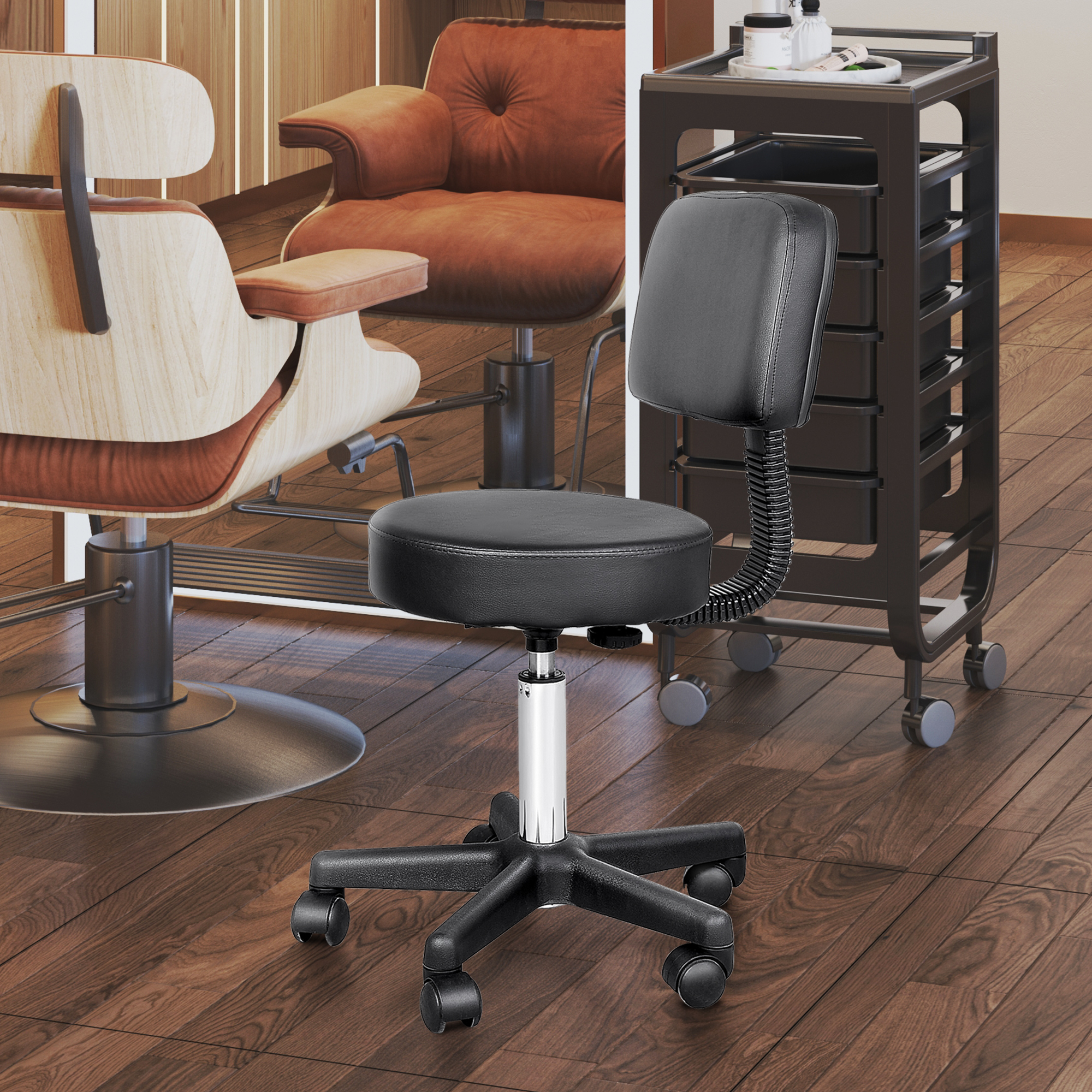 Rollhocker höhenverstellbar mit Rückenlehne Drehhocker 72-84 cm Arbeitshocker 360° drehbar Bürohocker für Büro Salon Massage Spa Schwarz