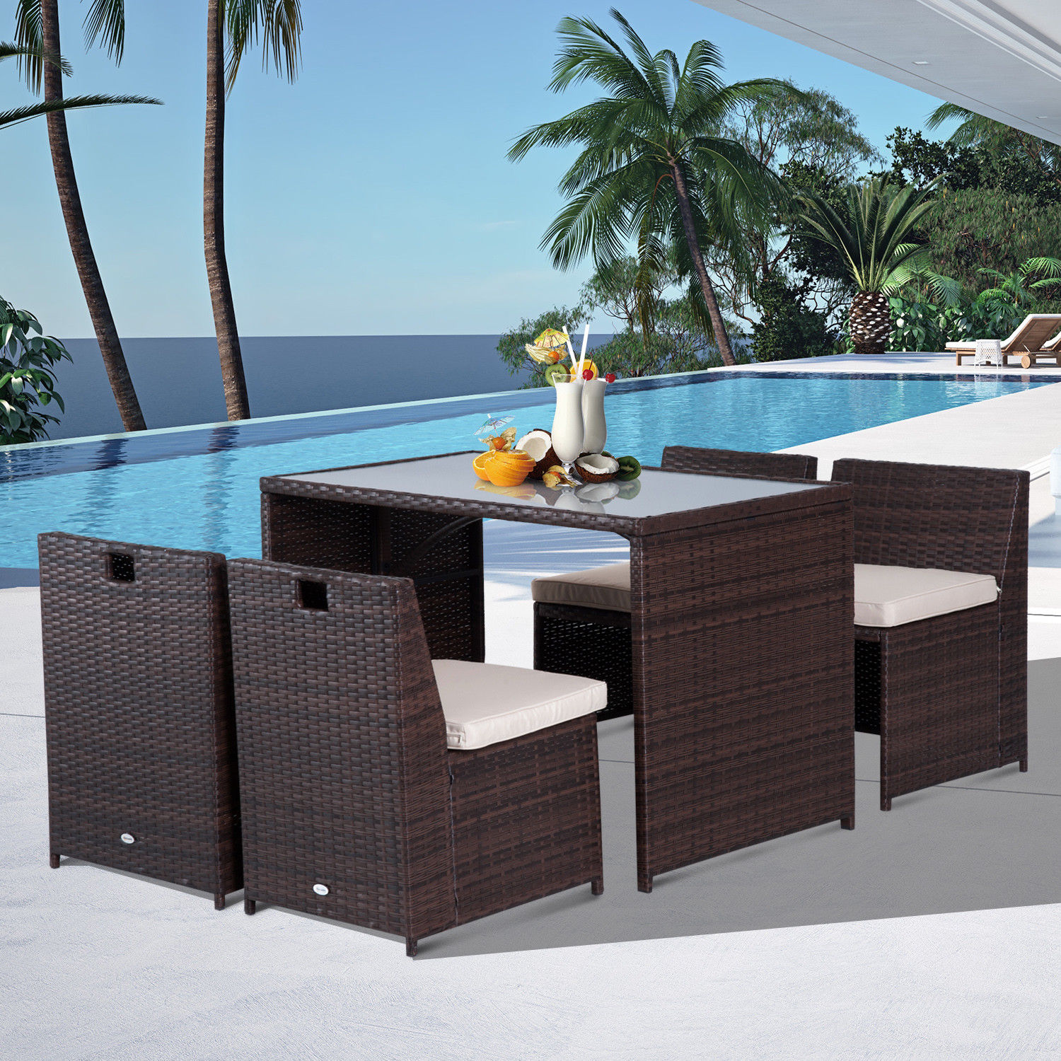 5-teiliges Polyrattan Gartenmöbel-Set, wetterfest Balkonmöbel für 4 Personen Terrassenmöbel mit Tisch 4 Stühle Kissen, Lounge-Set Essgruppe Sitzgruppe für Balkon, Garten, Braun+Khaki