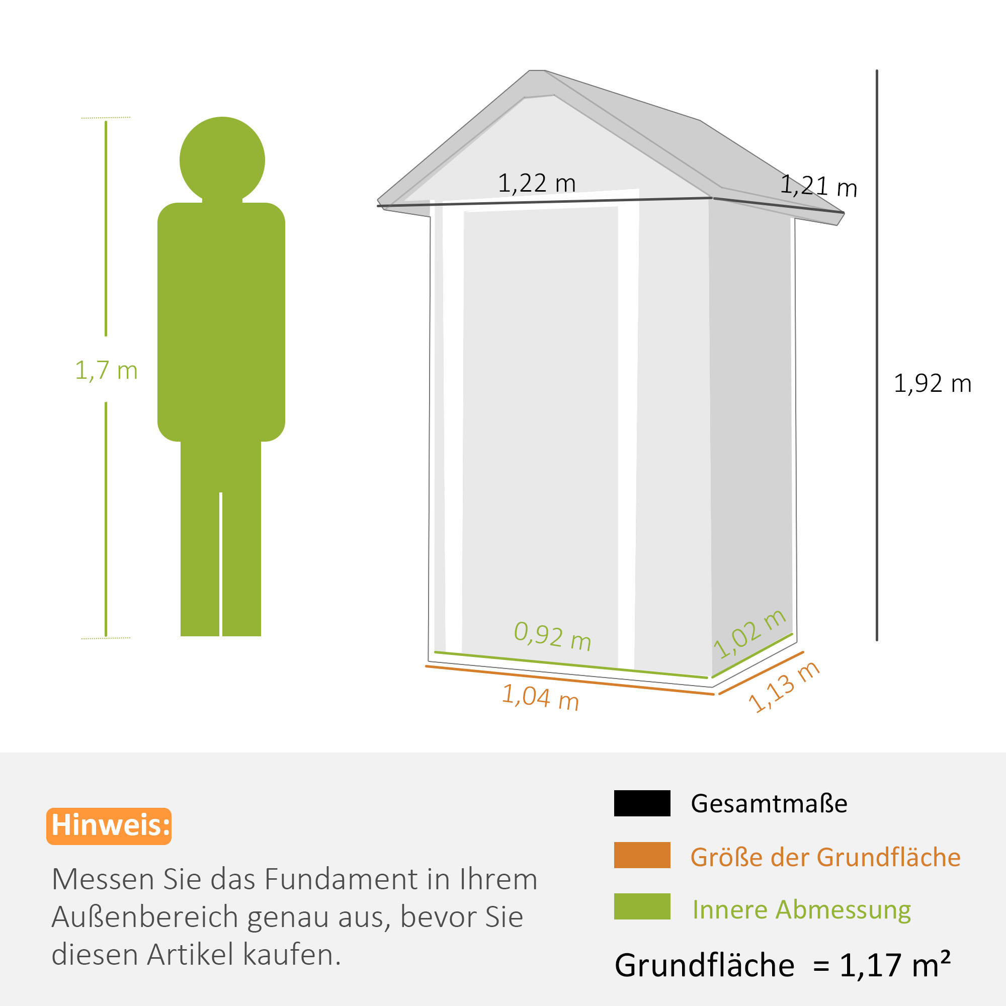 Metall Gerätehaus 1,17 m², Geräteschuppen mit Satteldach Lüftung Schloss Handschuhen, 122 x 121 x 192 cm